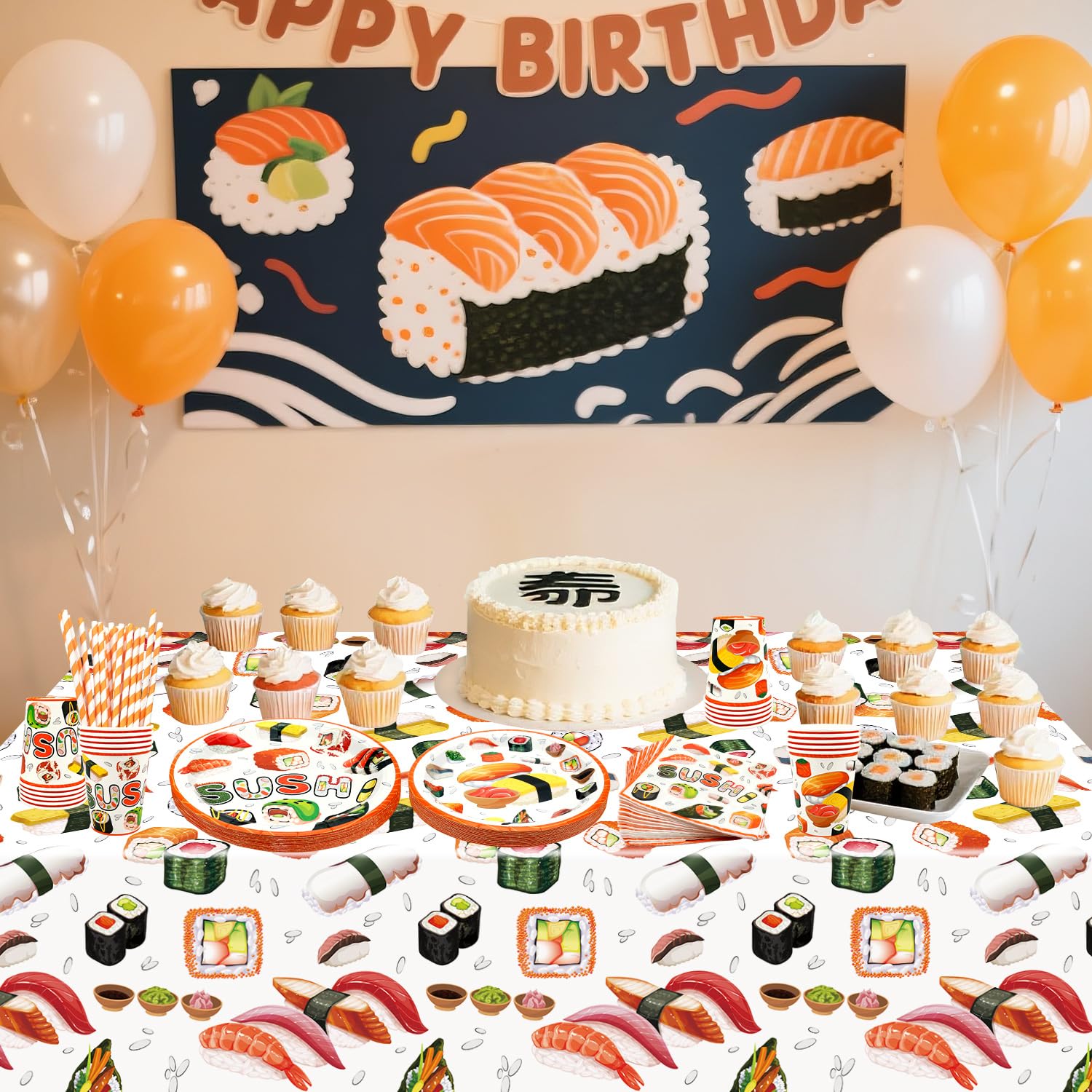 Decorazioni per feste di compleanno a tema sushi, tra cui piatti, tazze, tovaglioli, tovaglie, cannucce, per feste a tema sushi