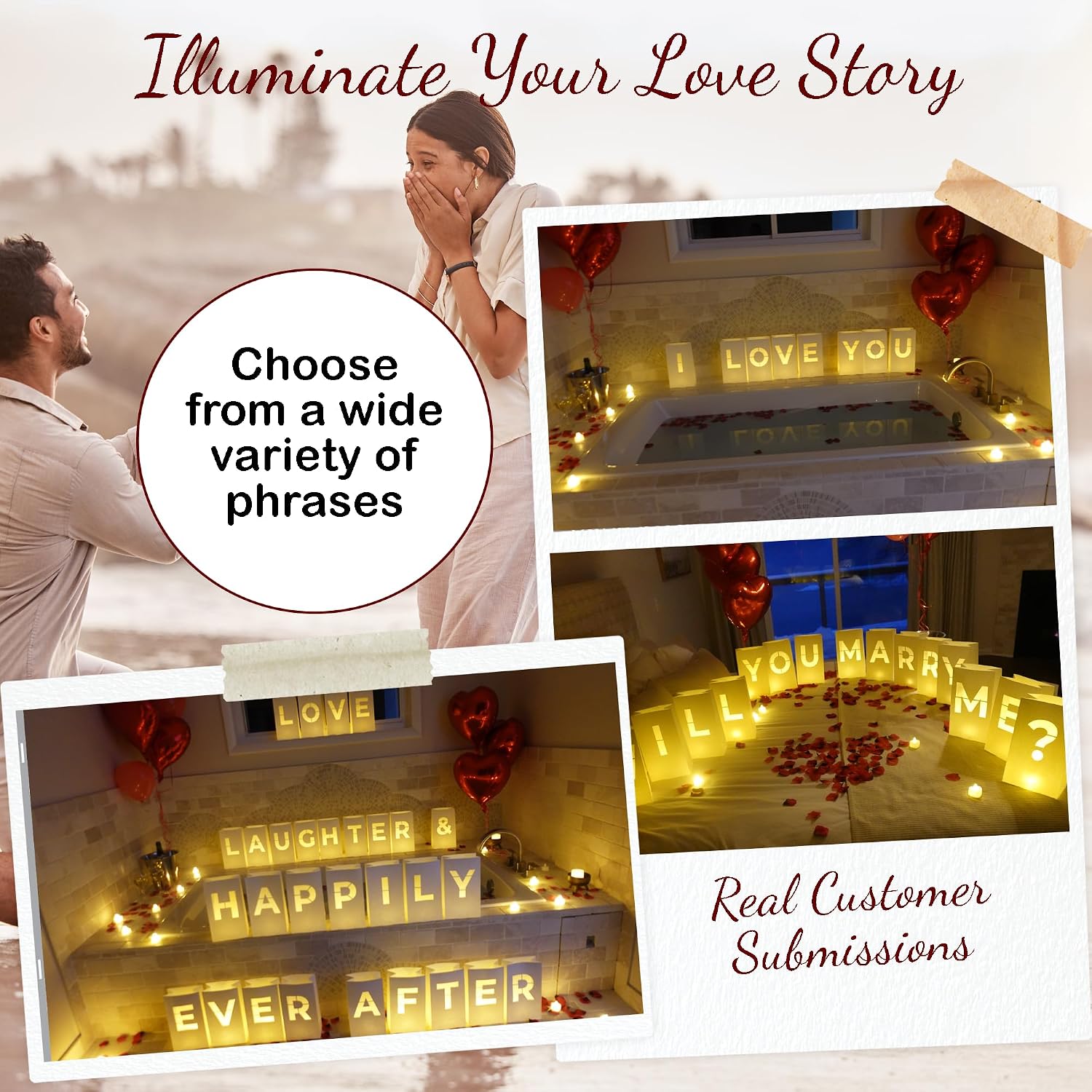 Love Laughter & Happily Ever After Luminary Bags with LED Tea Light Candles, Balloons, and Rose Petals – Romantic Decorations for Proposals, Anniversaries, and Special Moments
