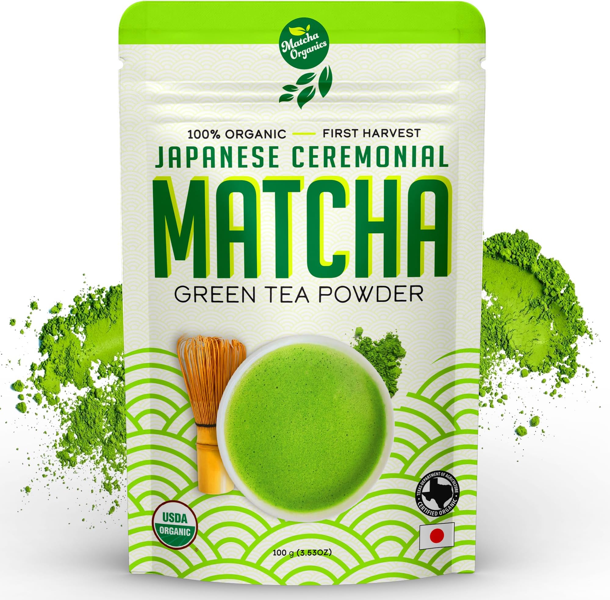 Organic Ceremonial Grade Matcha Powder 100g - 1st Harvest Japanese Green Tea - USDA and JAS Certified - Single-Origin Shizuoka - Stone-Ground Unsweetened - 100 Servings for Matcha Lattes and Smoothies