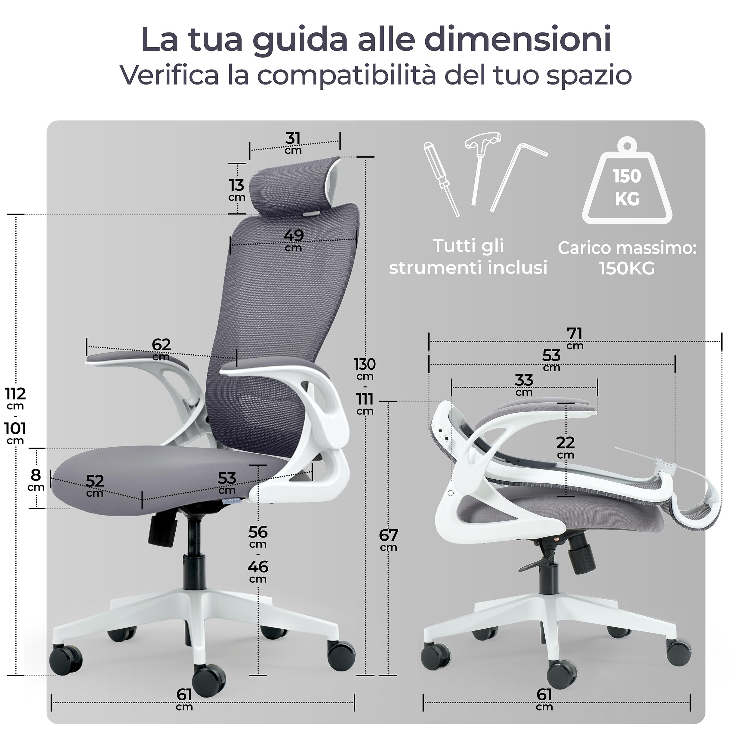 Tervo Model U | Sedia da ufficio pieghevole per piccoli spazi | Sedia da gioco per adulti e bambini | Sedia da computer ergonomica in rete per la camera da letto