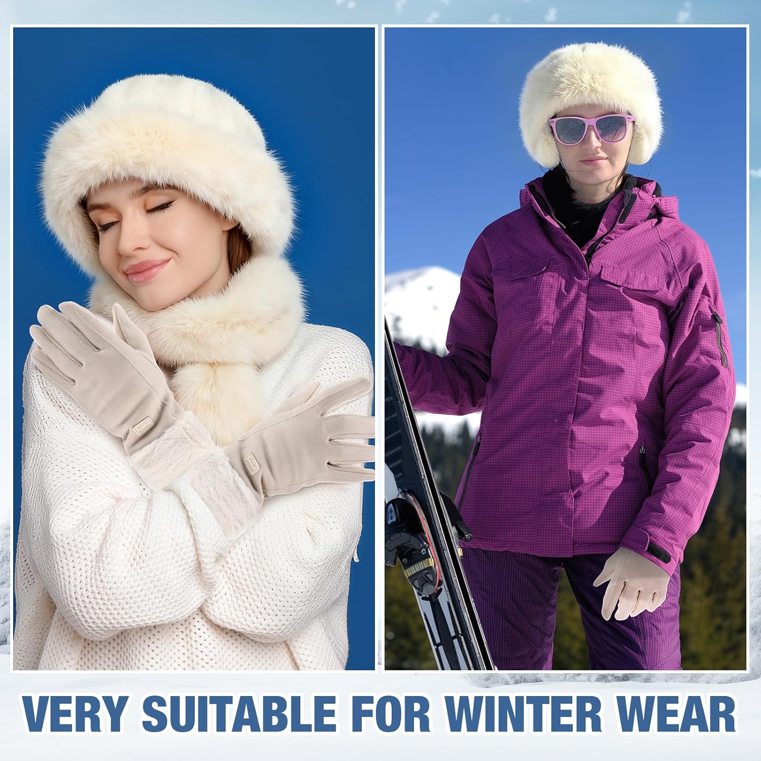 Mepase 4 Pcs Women Winter Faux Mink Fur Mongolian Hat with Faux Fur Collar Scarf Earmuffs and Touch Screen Gloves Set - Image 6