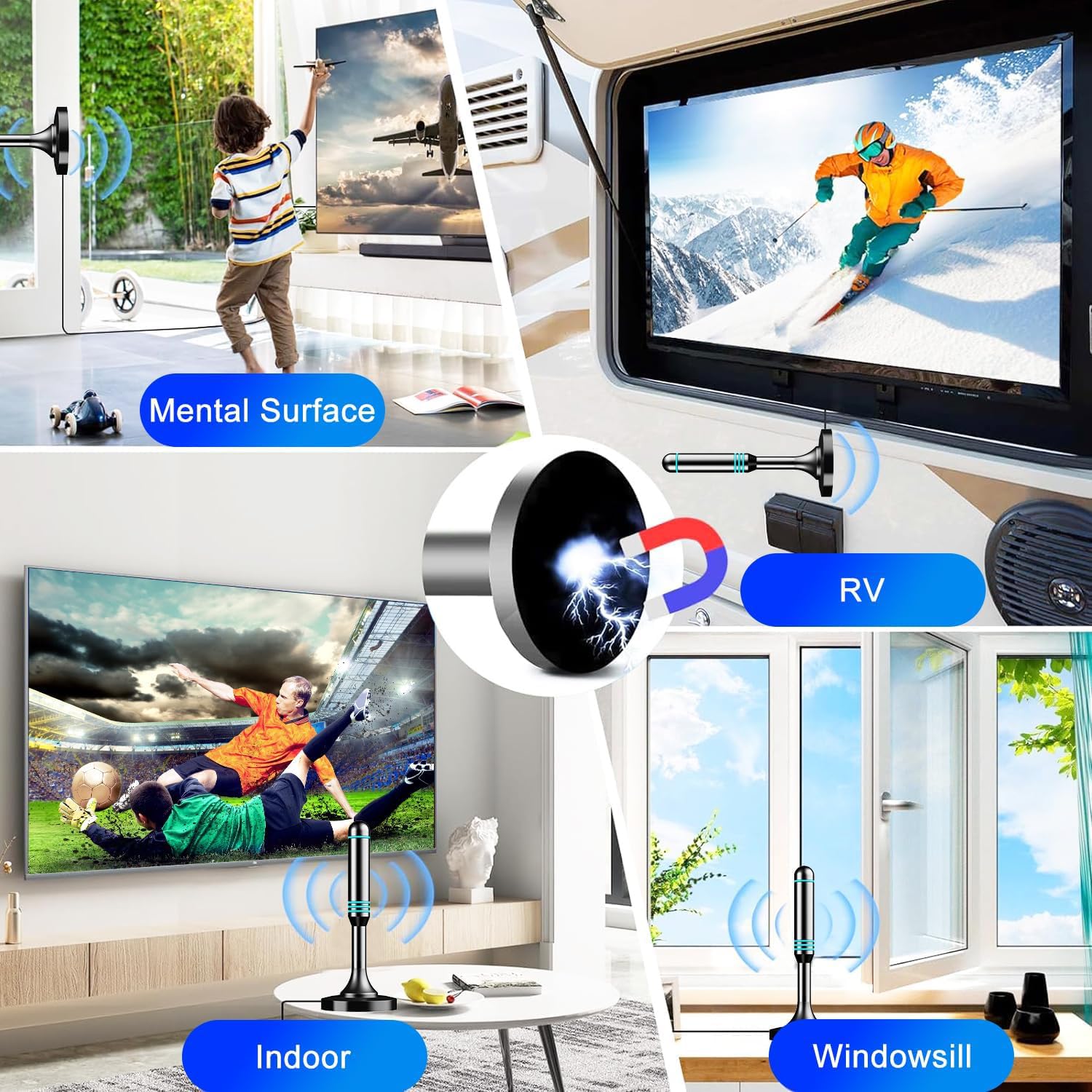 Antenna TV per interni, antenna digitale HDTV a lungo raggio da 280 miglia con base magnetica, ricezione 4K 1080p, nero, cavo coassiale da 5 m per Smart TV