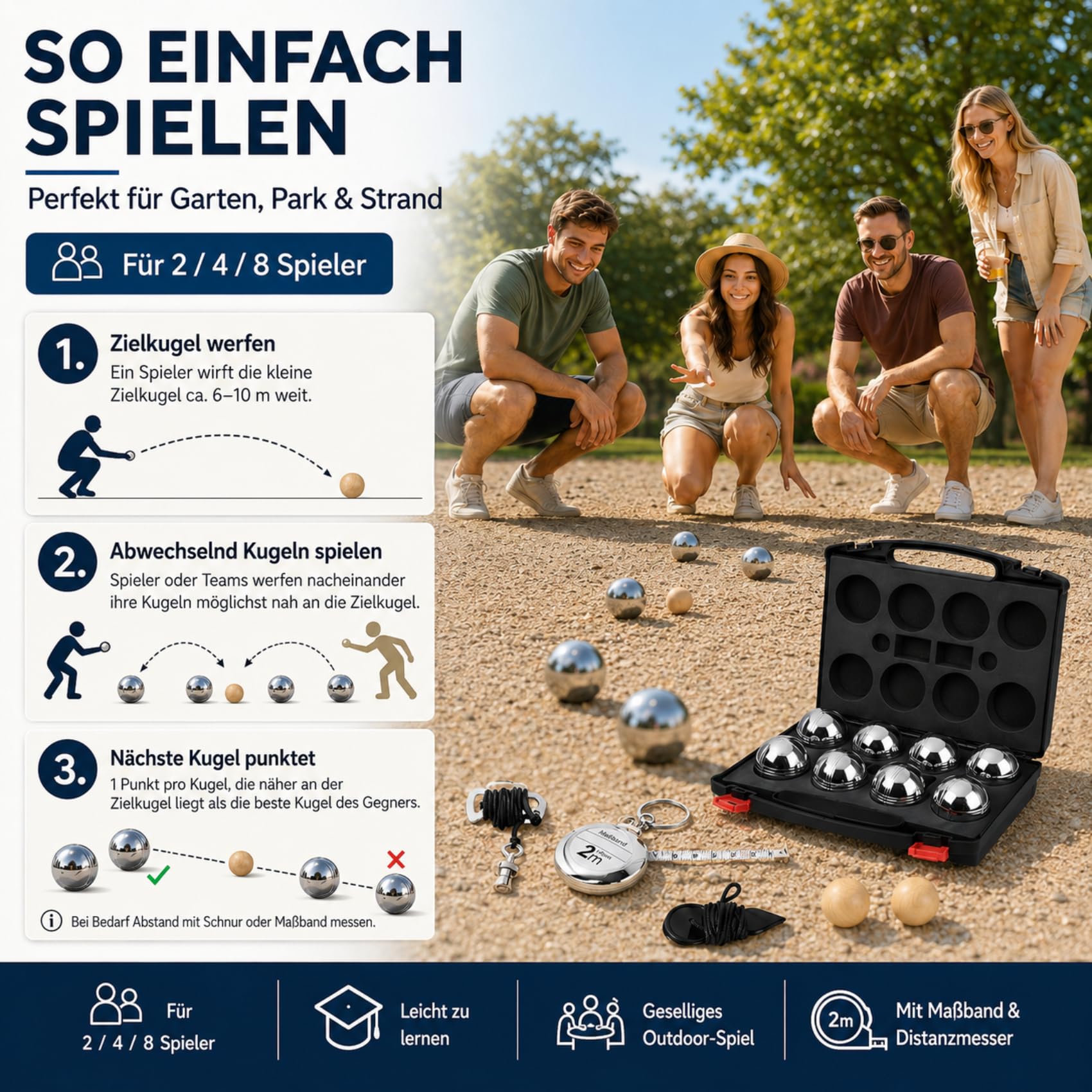 Boule Set 6/8 Metallkugeln mit Hartschalenkoffer–Petanque & Boccia Spiel mit Zielkugel, Abstandsmesser & Tragetasche, Outdoor Gartenspiel für Erwachsene, Camping & Familie