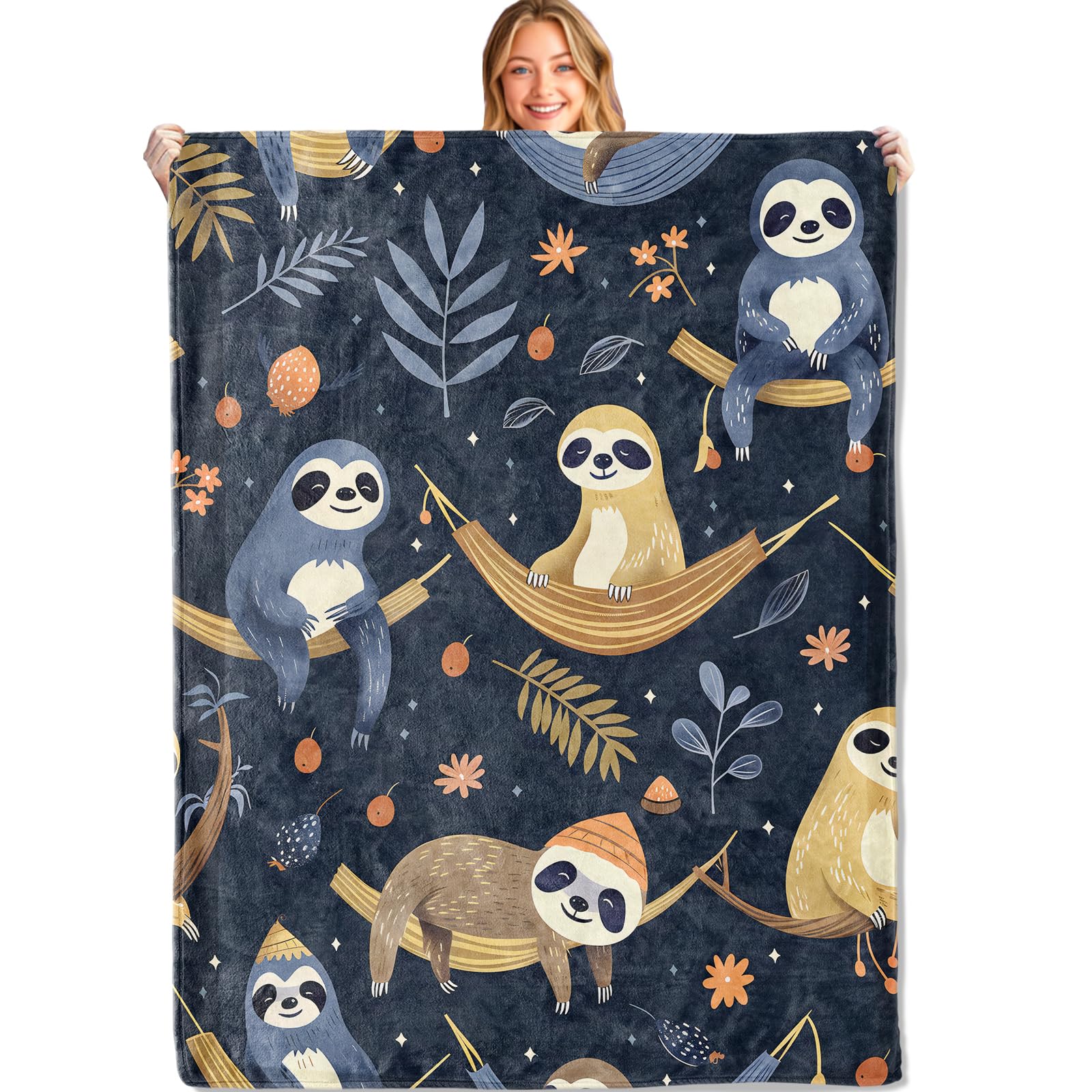 MIEPOS Cute Sloth Throw Blanket,40x50in,Soft,Lightweight Flannel,Adorable Leaf Dark Blue Blankets - Gifts for Kids & Animal Lovers,for Couch Office Travel,Home Living Room Decor