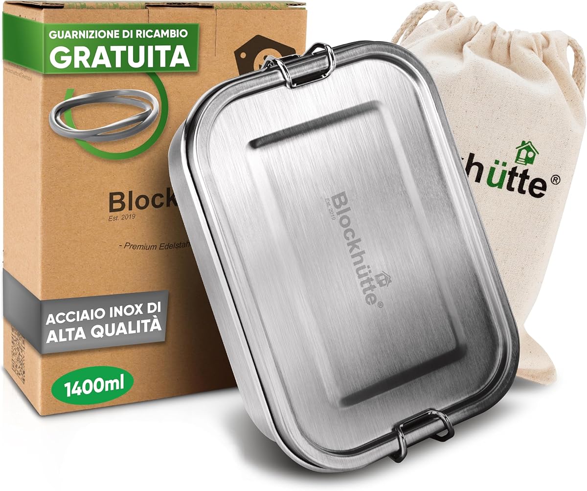 Blockhütte Lunch Box Acciaio Inox con 3 Scomparti Flessibili I 1400ml Contenitore Porta Pranzo acciaio I Bento Box, Portapranzo Ufficio, Schiscetta Pranzo per Adulti, Lunch Box ermetico