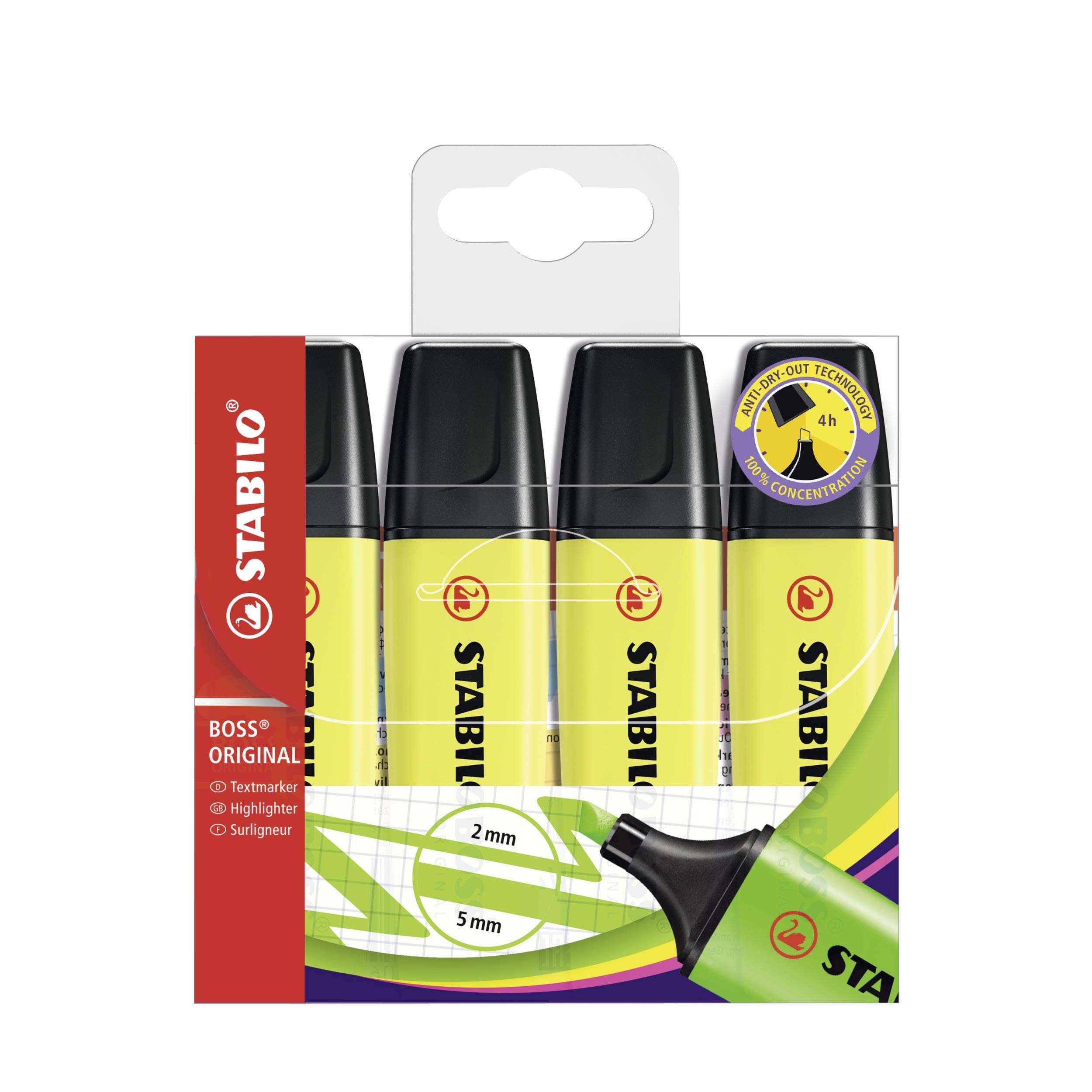 Highlighter - STABILO BOSS ORIGINAL - 5 x Pack of 4 - Yellow