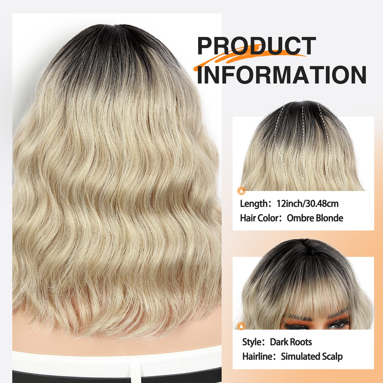 WIGNEE Parrucca Bob Corta Ondulata Con Frangia, Ricci Naturali Femminili | Biondo Ombré Con Mechature, Capelli Sintetici Resistenti Al Calore Senza Colla, 12 Pollici