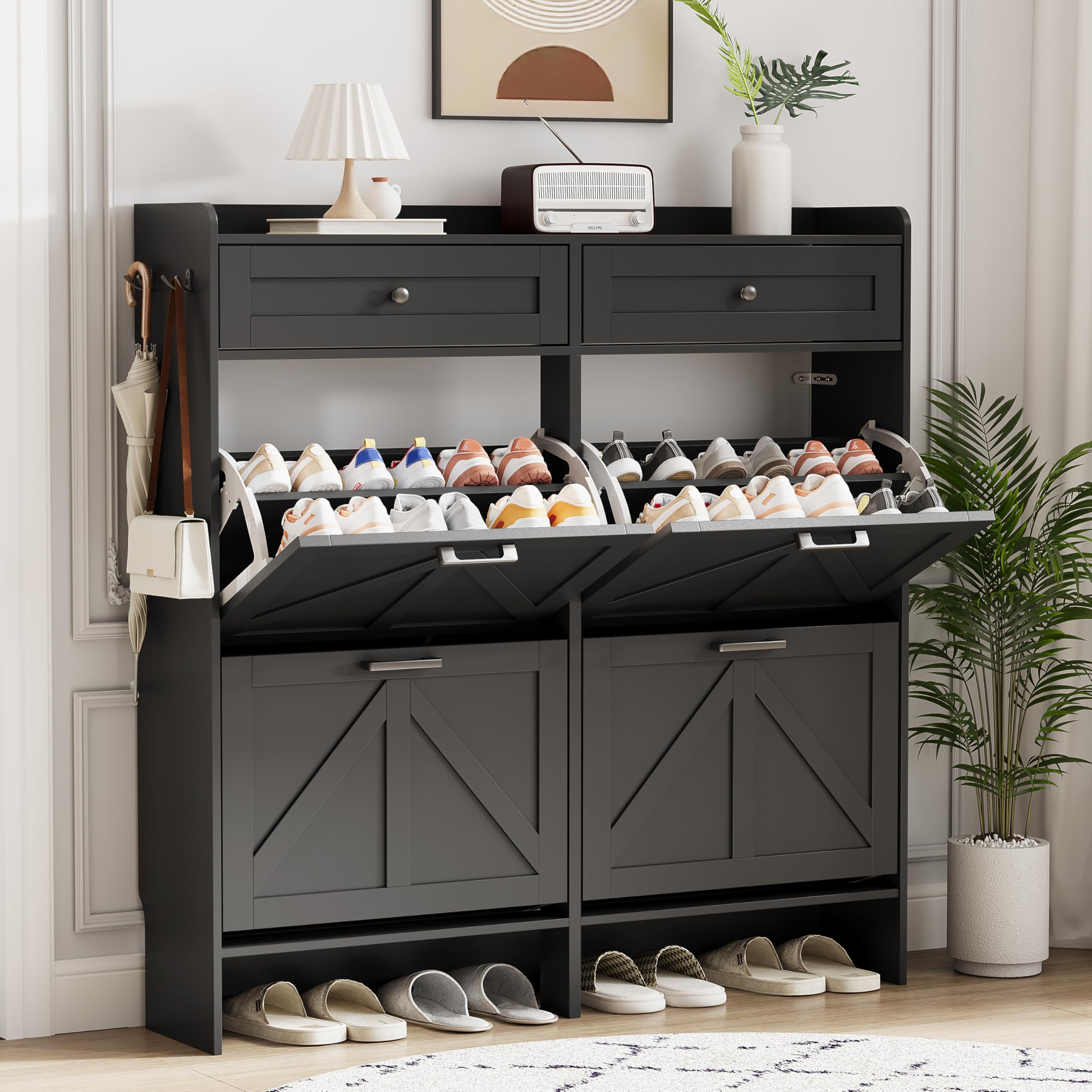 Shoe Cabinet with 4 Flip Drawers &amp; 2 Top Drawers, 43" Tall Freestanding Narrow Wooden Shoe Storage Organizer for Entryway, Hidden Slim Shoe Rack for Front Door Entrance, Hallway, Living Room, Black