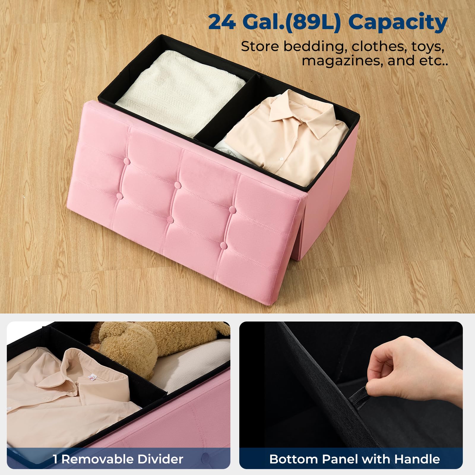 Banco otomano plegable de terciopelo de 30 pulgadas, elegante reposapiés y baúl de almacenamiento para sala de estar, dormitorio, entrada, muebles modernos para final de cama