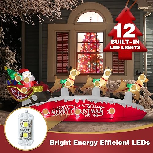 Miniatura 3 de Funflatable Papá Noel inflable de Navidad de 10 pies de largo con trineo de renos con luces LED para interiores y exteriores, patio, césped,