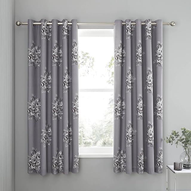 Catherine Lansfield Floral Bouquet Easy Care Eyelet Curtains Grey, 66x72 Inch