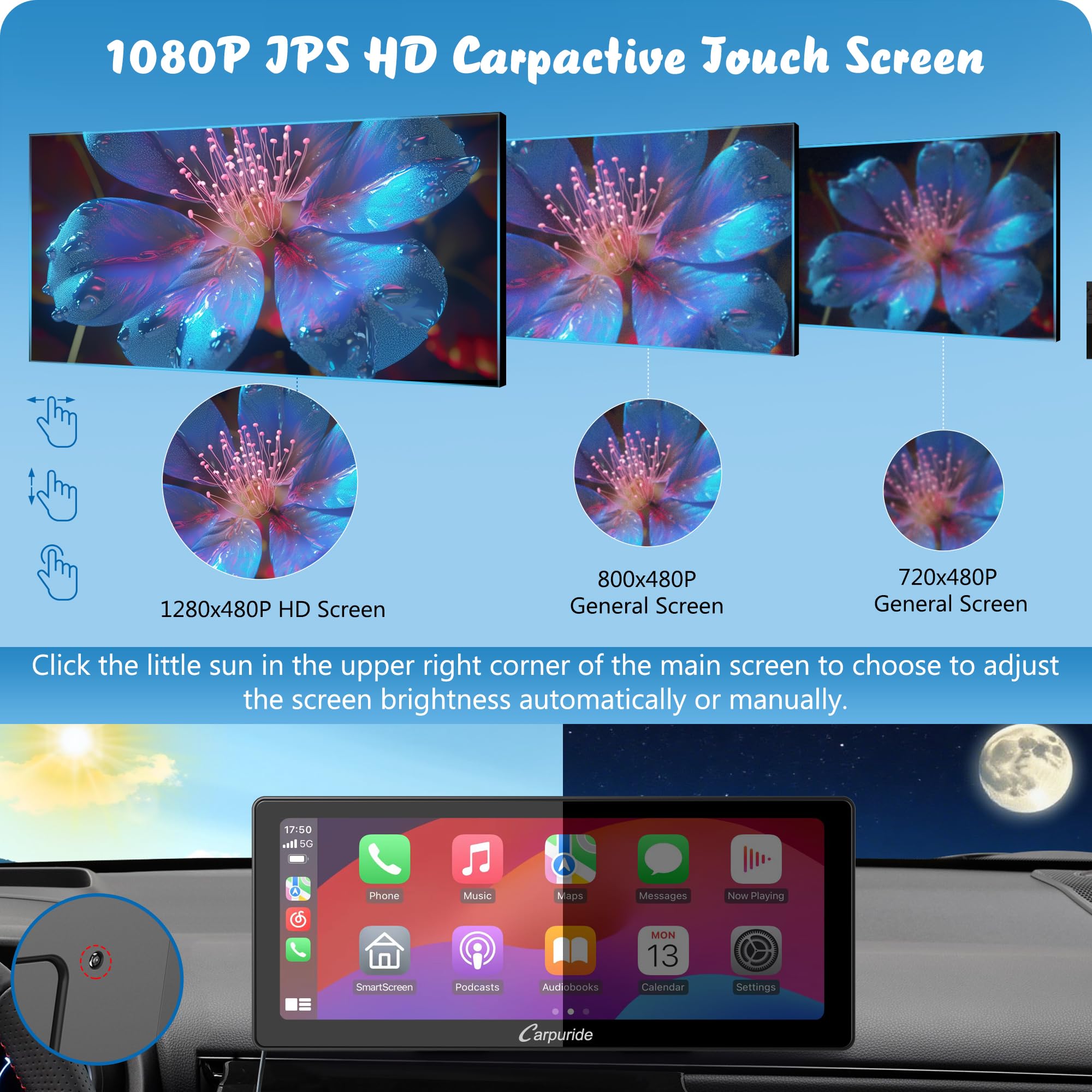Autoradio Portable Carpuride W103 Pro - Écran 10,3" Tactile 1080P - CarPlay & Android Auto Sans Fil - Bluetooth Double - Supports Inclus