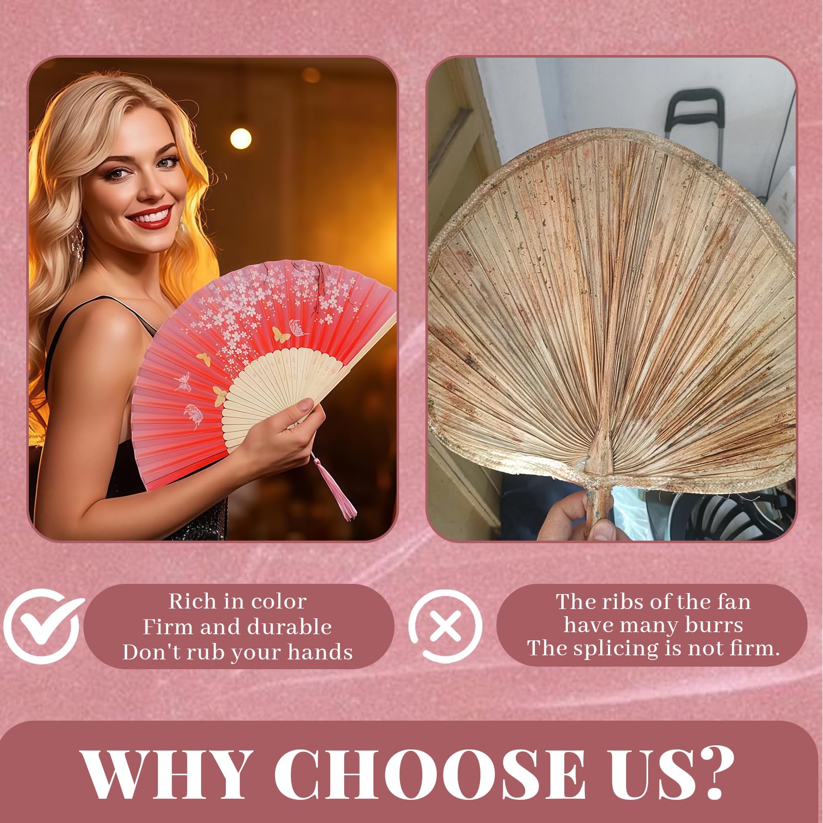 2 Ventagli Pieghevoli In Stile Cinese – In Bambù E Tessuto, Nero E Rosa, Decorazione Parete O Scena Per Matrimoni E Cosplay