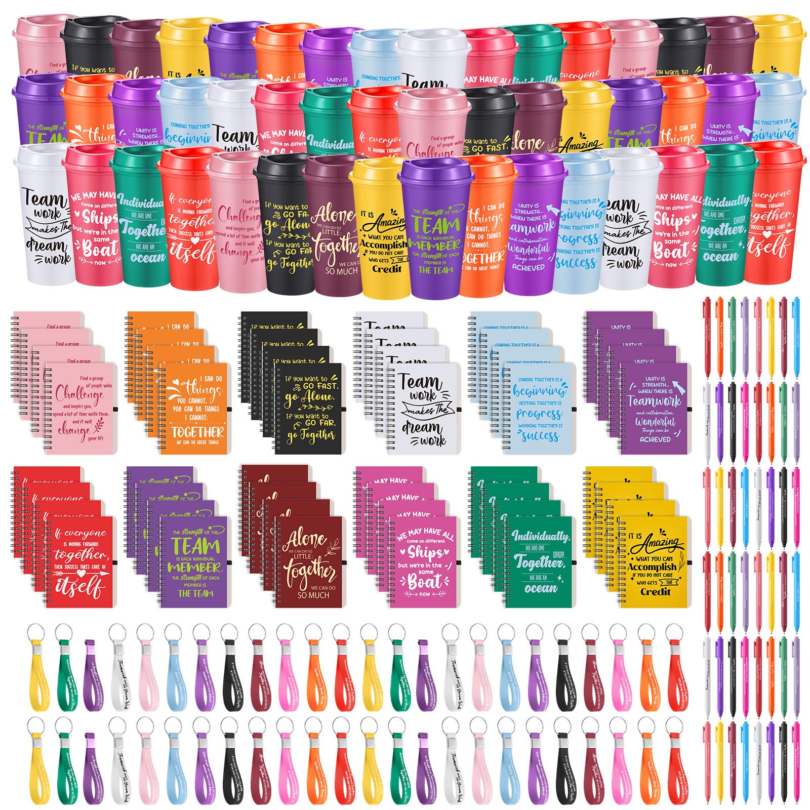 Skylety 48 Set/ 192 Pcs Team Appreciation Gifts Bulk Team Thank You Gift Set 16 oz Coffee Cups Thank You Mini Spiral Notebooks Pens Keychains for Staff Teacher(Classic Color)