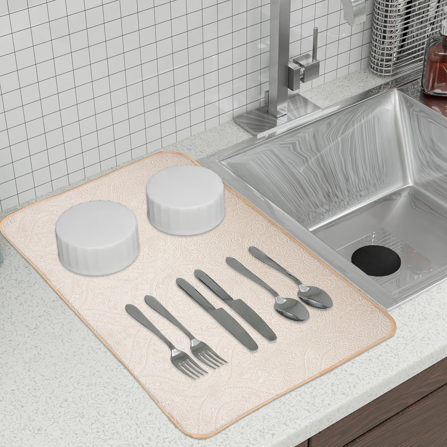 Kuber Industries Dish Dry Mat | Microfiber Drying Mat | Kitchen Drying Mat | Self Dish Dry Mat | Water Absorbent Kitchen Mat | Embossed Dish Dry Mat | 50x70 | Cream 4