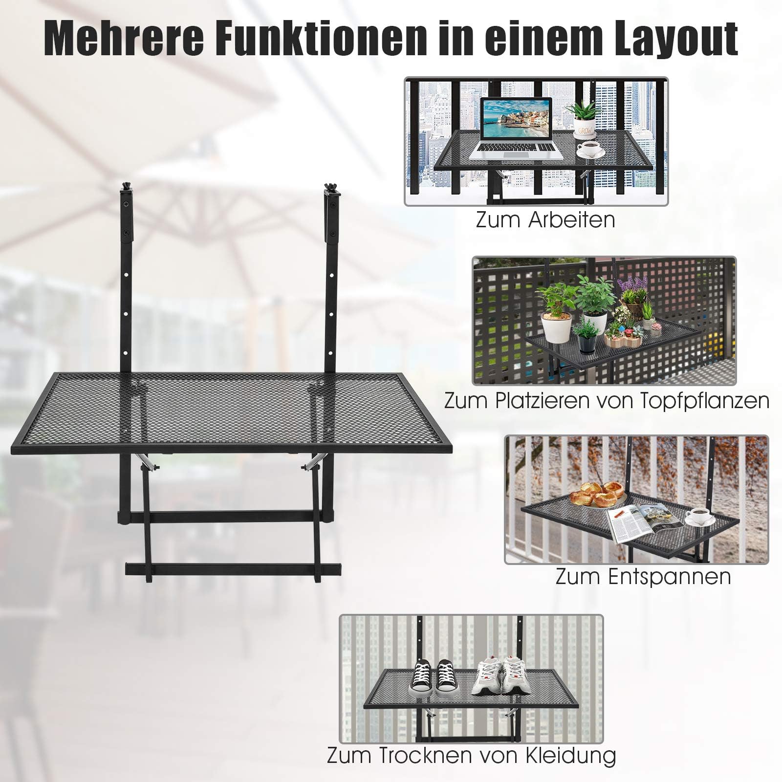 FANTASK Table Suspendue de Balcon Pliante en métal rectangulaire - Capacité de Charge : 20 kg - 60,5 x 40,5 cm - Noir