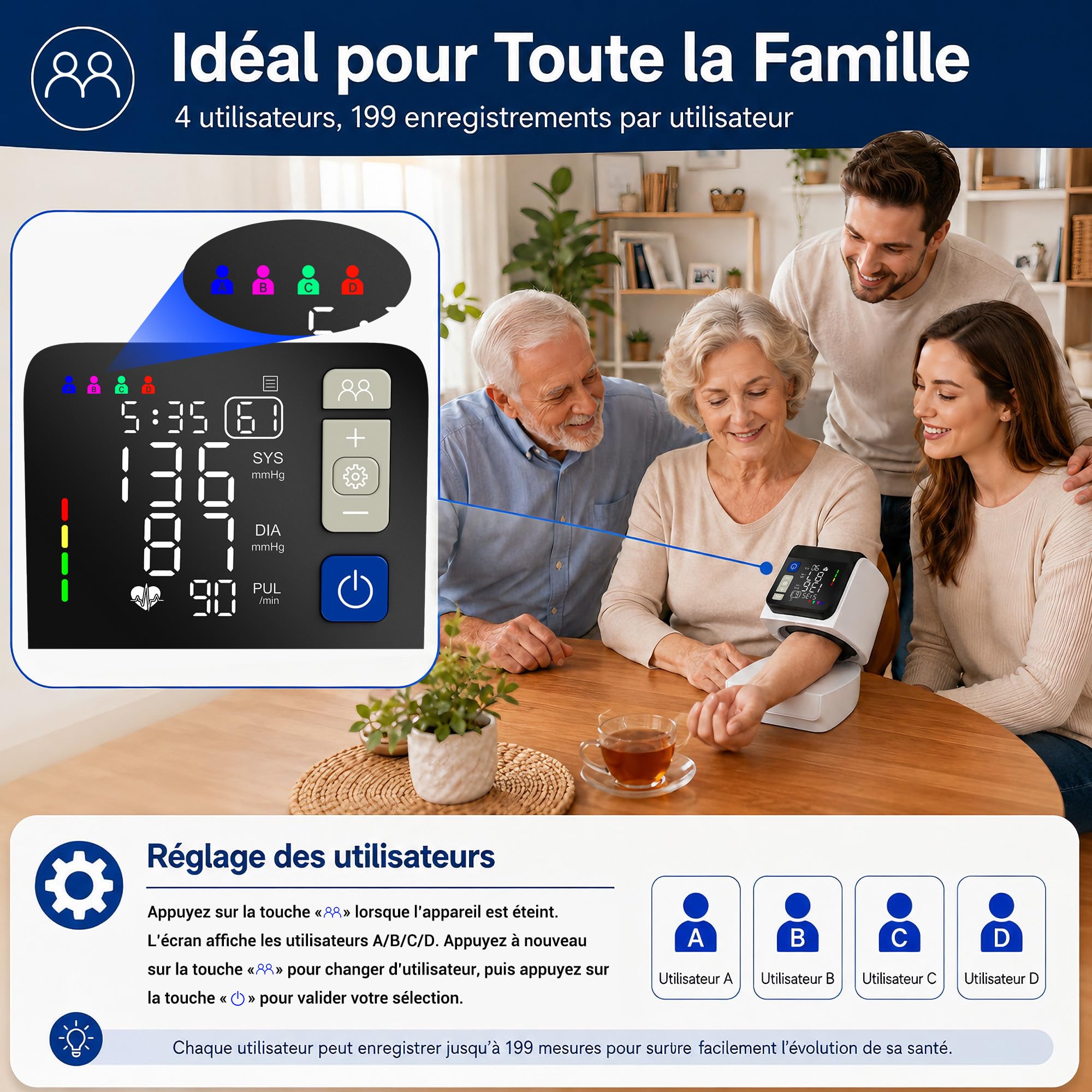 Tensiómetro Automático de Brazo, Pantalla LED Retroiluminada, 4 Usuarios 199 Memorias, Detección de Arritmia, Funciona con USB-C o Pilas, Tensiómetro Portátil para Uso Doméstico y Viajes