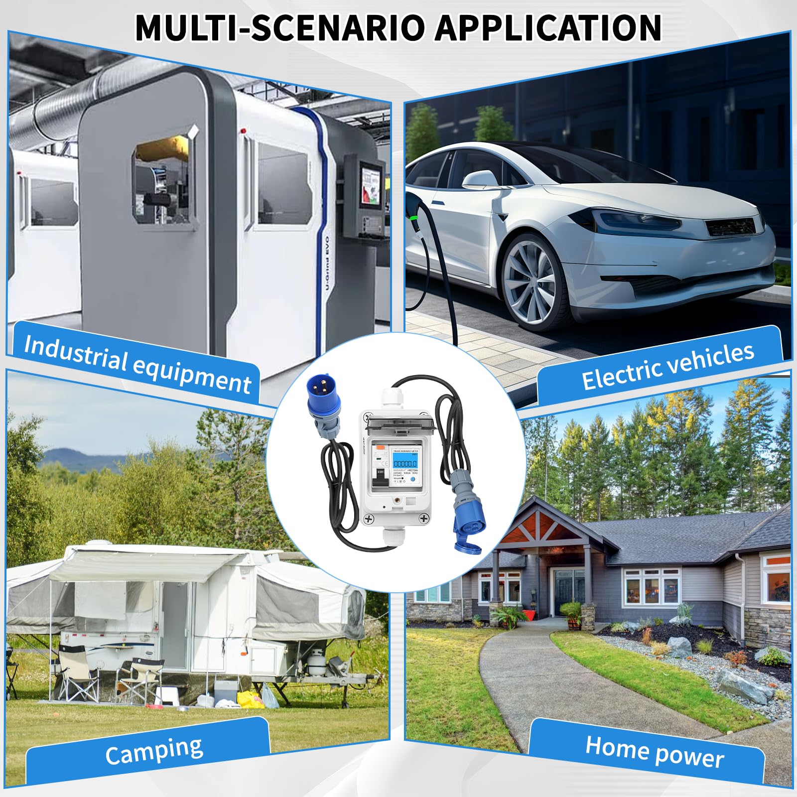SWAWIS Wattmetre Numérique Mobile 230V 16A - Wattmètre Numérique avec Disjoncteur FI Type A, Prise CEE IP44, Boîtier IP67 Prise Compteur D'énergie pour Camping-cars Véhicules Electriques