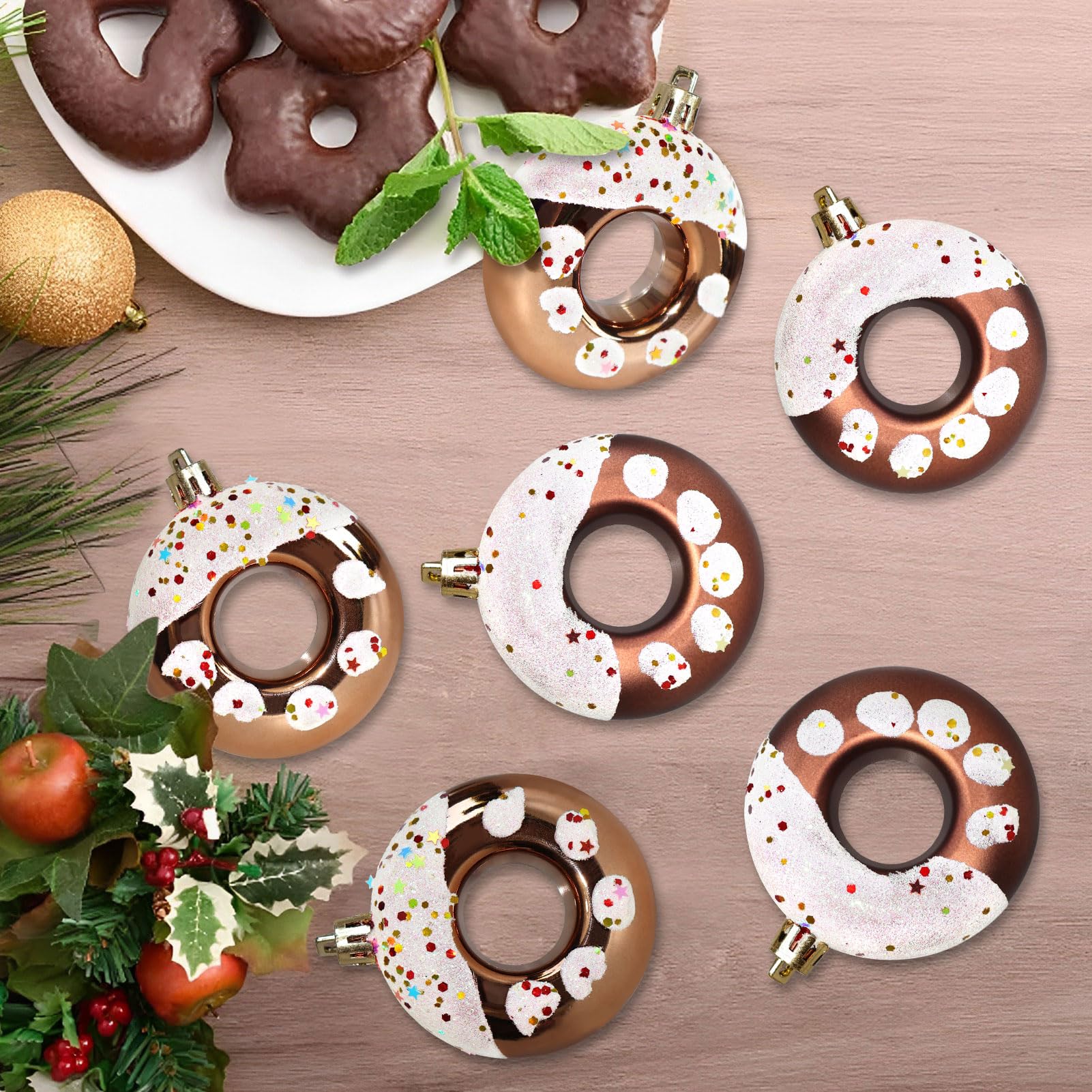 6 Decorazioni Natalizie A Forma Di Ciambella Con Glitter E Stelle, 8 Cm, Infrangibili In Plastica, Per Albero Di Natale, Marrone, Set Ornamenti Tema Dolce