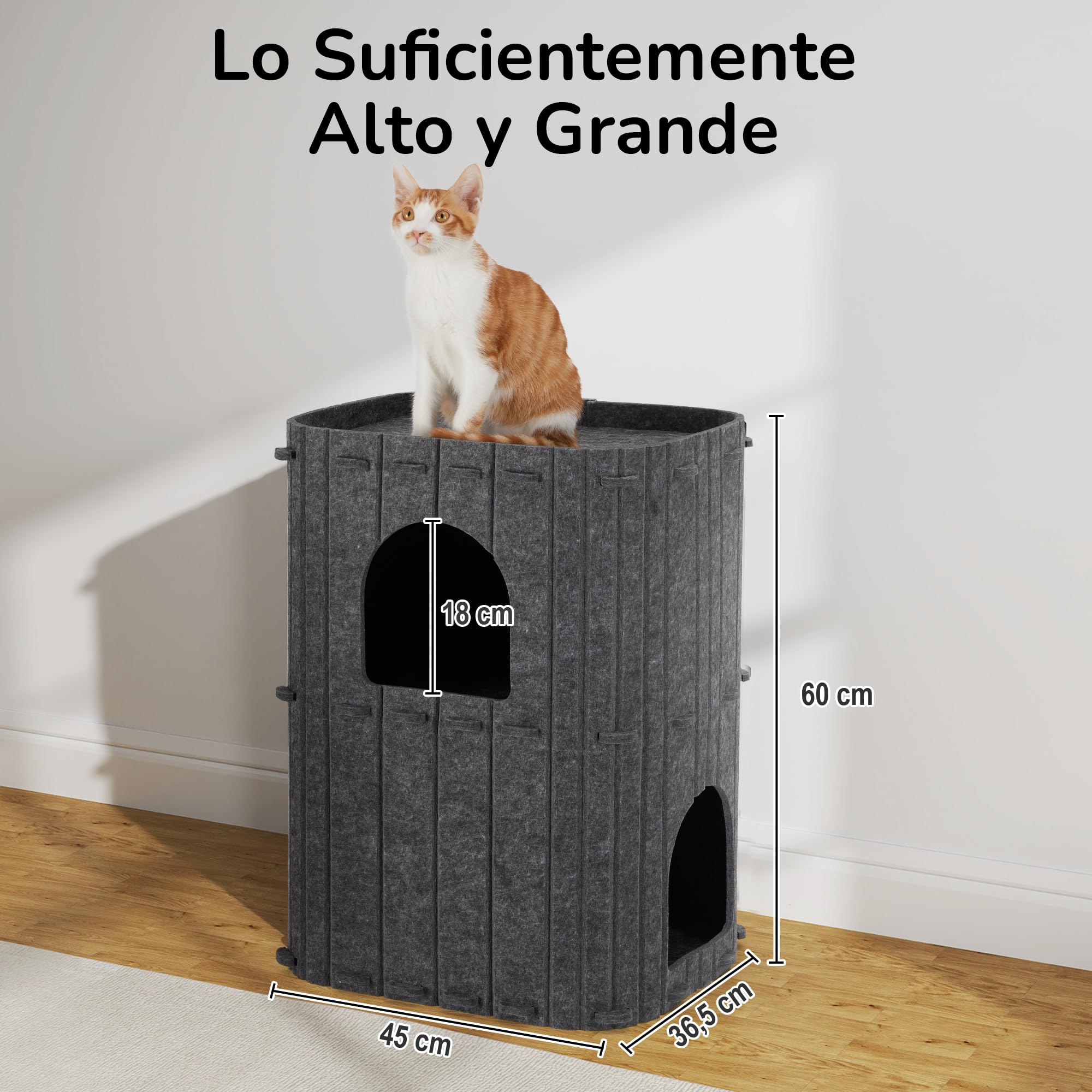 FUKUMARU Cueva Estable de Fieltro para Gatos, Cama de 3 Capas para Dormir, Jugar y Esconderse, Gris Oscuro, 45 x 37 x 60 cm, Grande