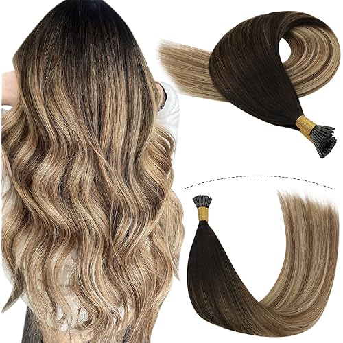 YoungSee Itip Human Hair Extensions Brown Ombre I Tip Hair Extensions 20 inch Dark Brown to Ash Blonde I Tip Balayage Hair Extensions Human Hair 50 Strands 50g Remy Hair Extensions Itip