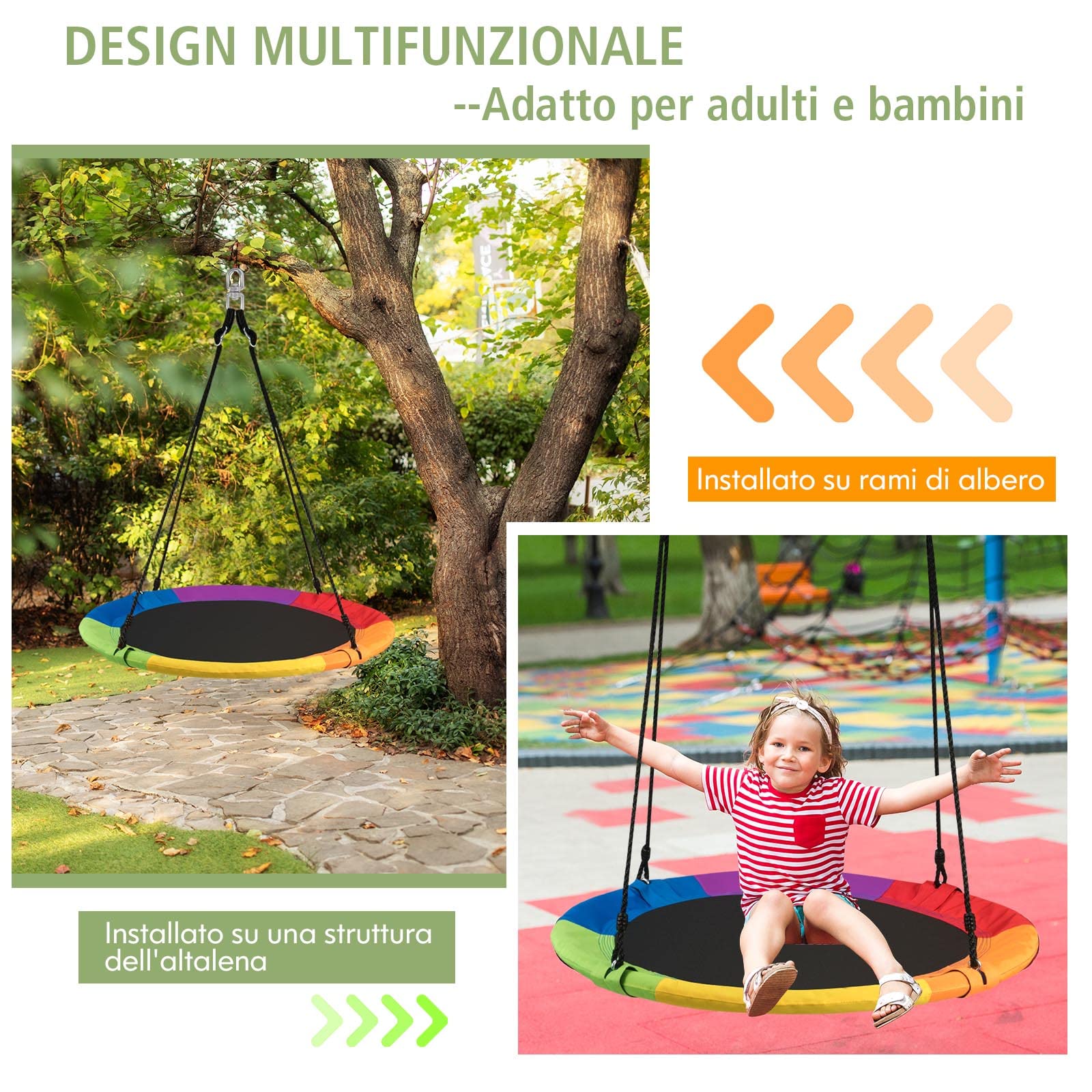 RELAX4LIFE Altalena da Giardino per Bambini, Altalena Rotonda a Nido per Esterno e Interno, Altezza Regolabile 100-180cm, per 2-3 Bambini, Carico massimo: 150kg (Colorato+Chinghia)