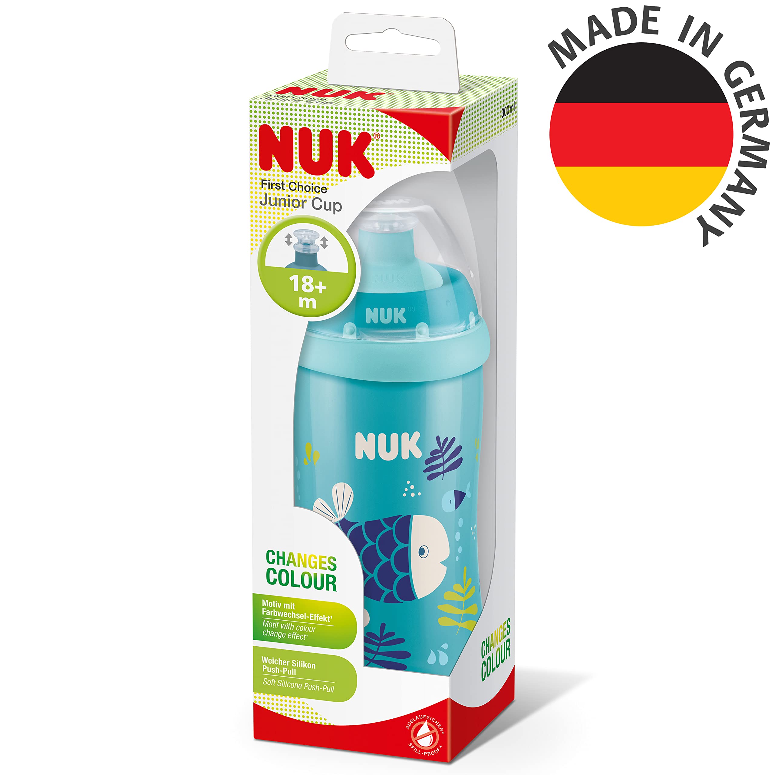 NUK Junior Cup borraccia bambini 300 ml 18+ mesi cangiante beccuccio morbido anti-goccia senza BPA blu