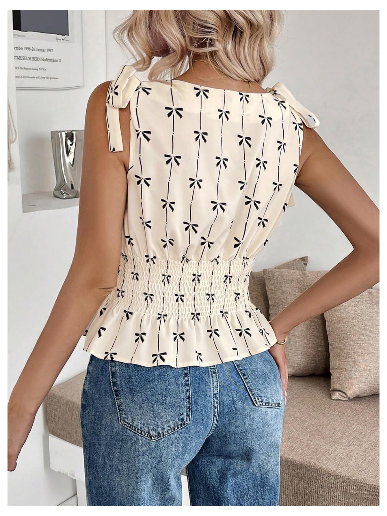 MakeMeChic Women's Bow Print Knot Blouse Ruffle Hem Sleeveless Shirred Top