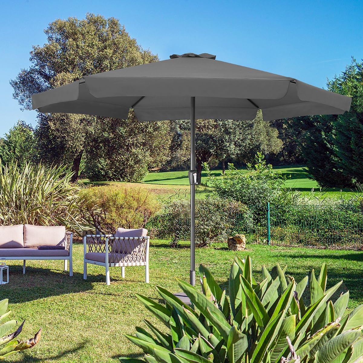 Kingsleeve® Sombrilla de Jardín 330cm Redonda Manivela Mástil Aluminio Protección UV 80+ Repelente al Agua Parasol Balcón Terraza Cubierta Protectora Antracita