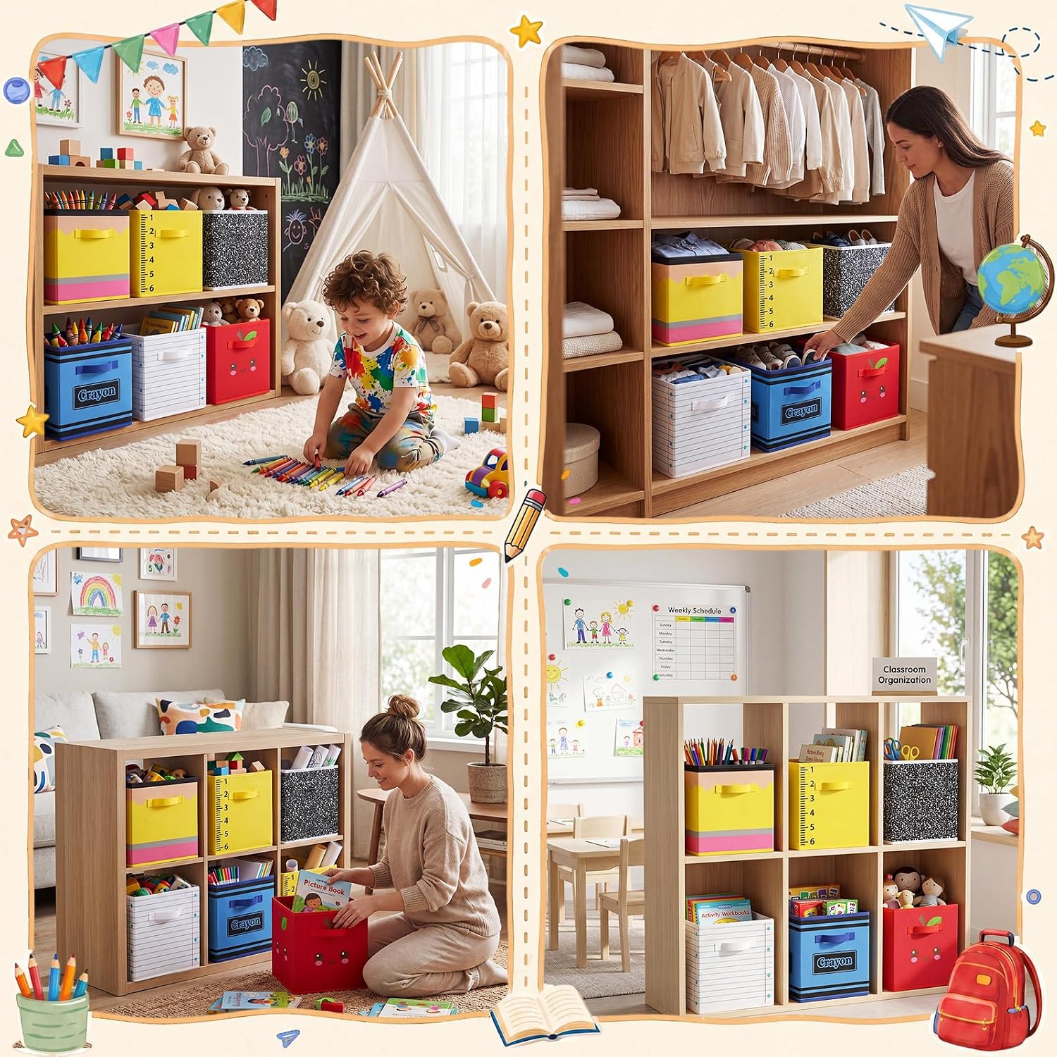 Mifoci 6 Pcs 11 Inch Fabric Storage Bins Colorful Pencil Crayon Foldable Baskets with Handle Notebook Collapsible Cubby Bins for Back to School Classroom Home School Organization(Colorful)