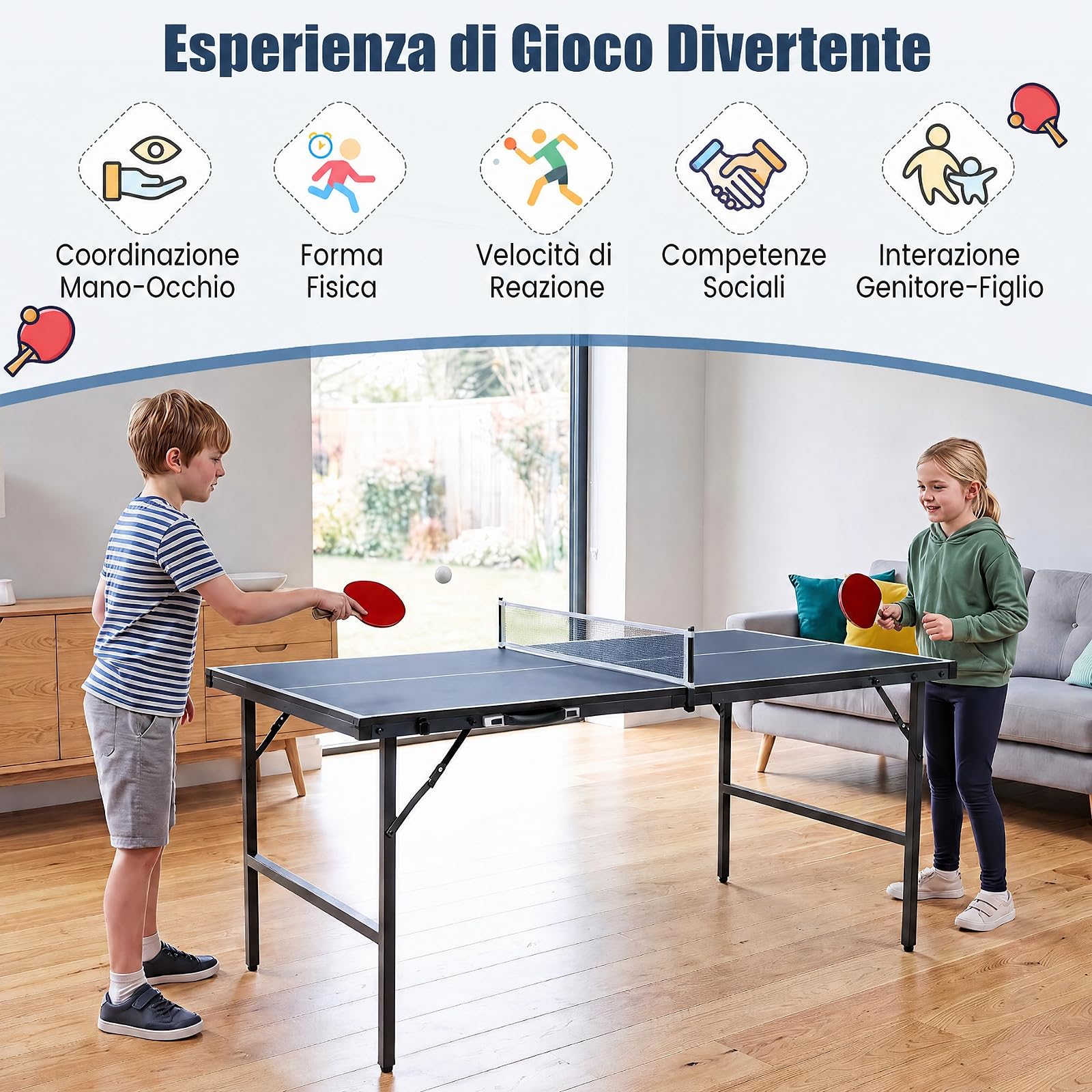 COSTWAY Tavolo da Ping Pong Pieghevole da Esterno ed Interno | Tavolo da Tennis Portatile con Rete, 2 Racchette, Palline e Maniglia, Set Giochi di Ping Pong Salvaspazio per Famiglie