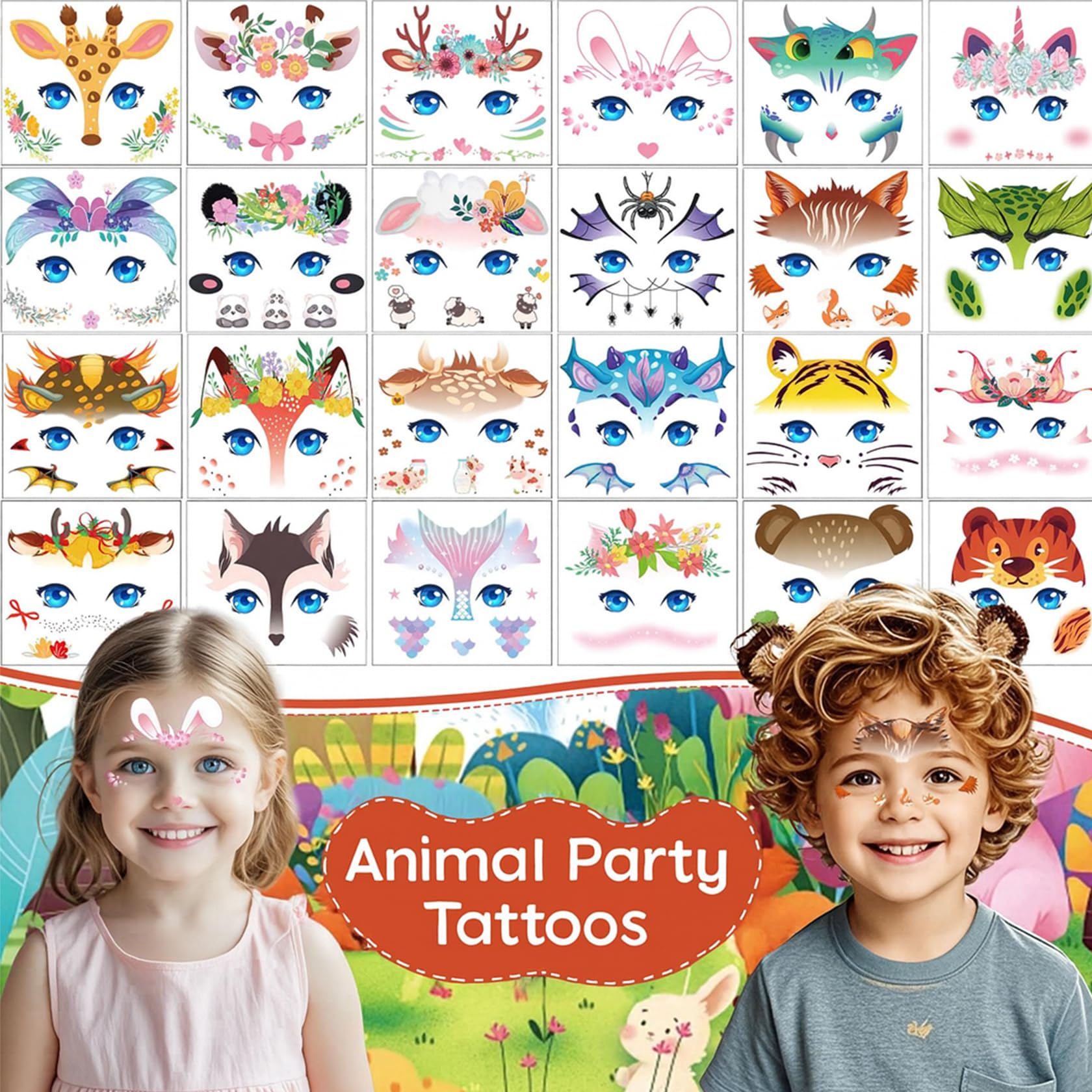 24 Sheets Animal Floral Face Glitter Tattoos Set - Image 2
