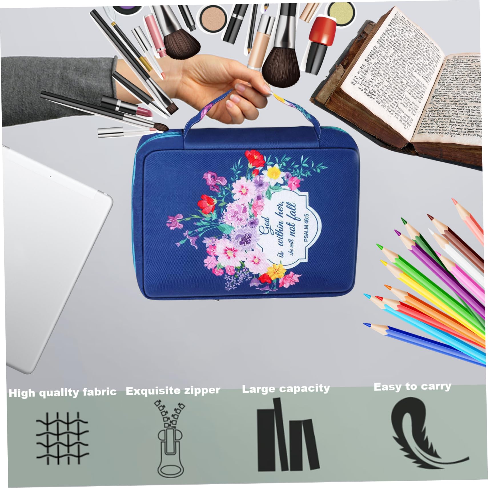 Custodia per Bibbia Donna 25,4 x 17,8 cm Oxford Tessuto Cerniera Floreale Blu