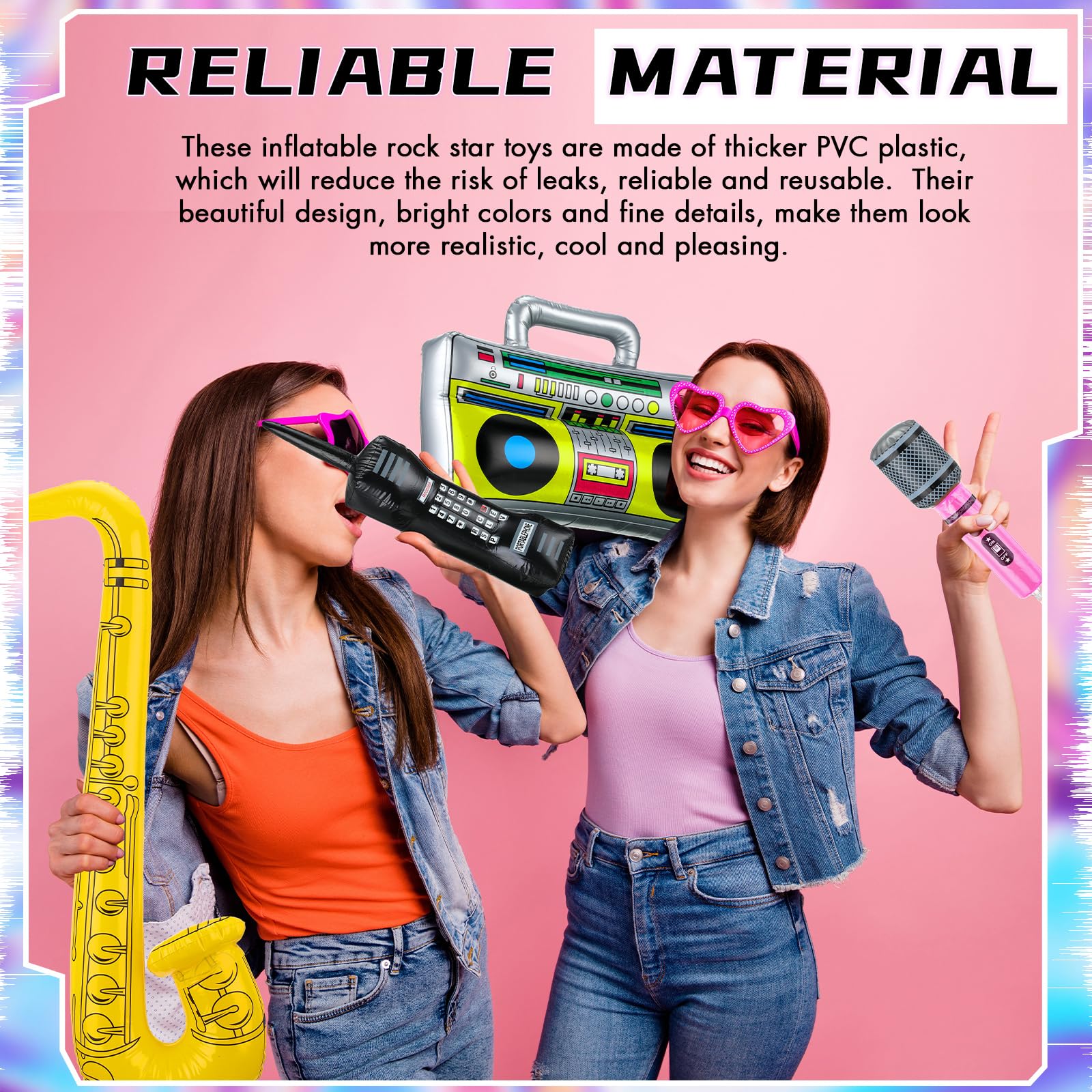 EVERMARKET Lot de 18 jouets gonflables Rock Star, 6 microphones gonflables, 4 guitares gonflables, 6 lunettes d'ombrage, 1 saxophone, 1 clavier gonflable, piano, rock