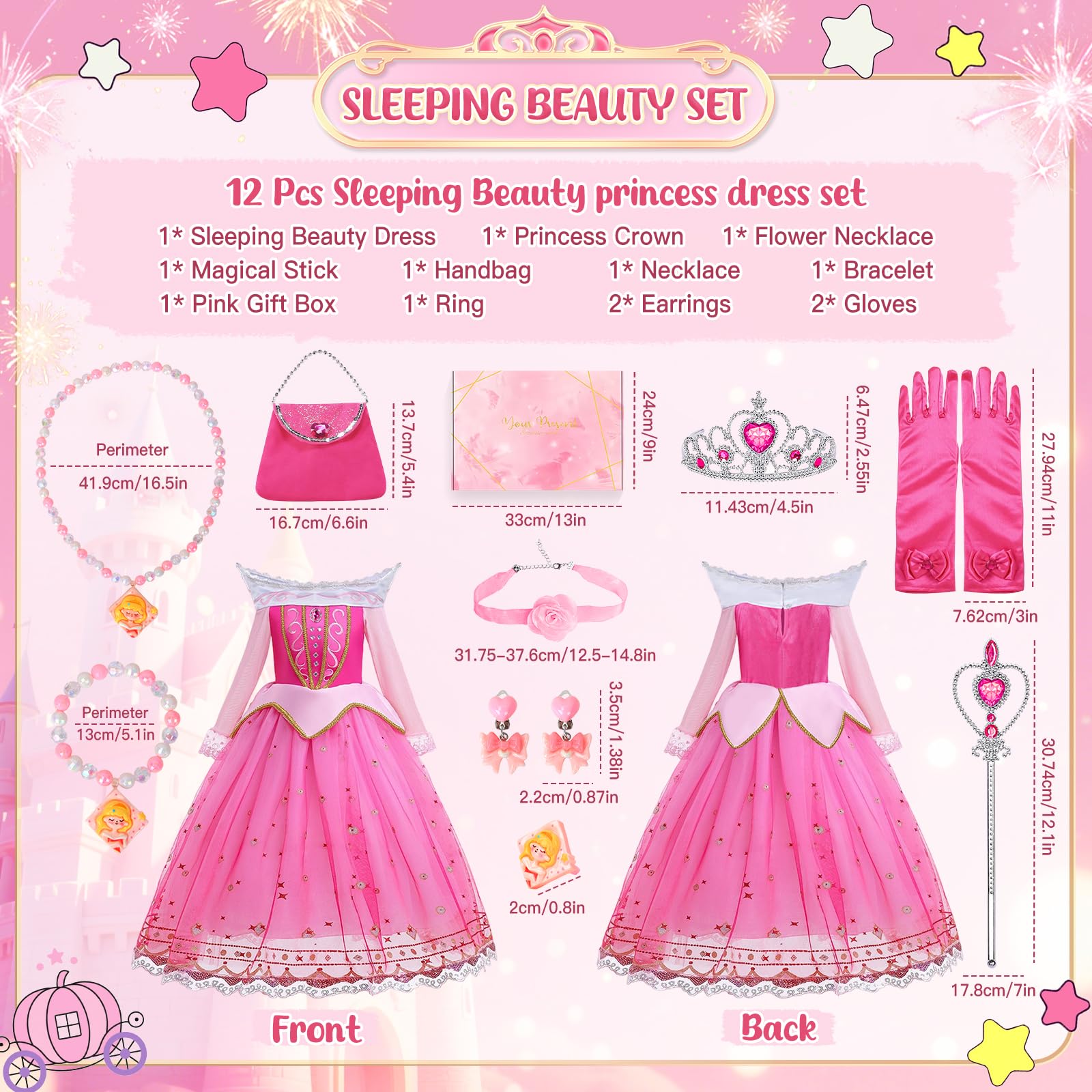 Vestito da Principessa, Vestito Principessa Rosa con Accessori, Costumi Bambina Onna Lunga con Accessorio 11 Pezzi Cosplay Compleanno Festa Halloween Natale