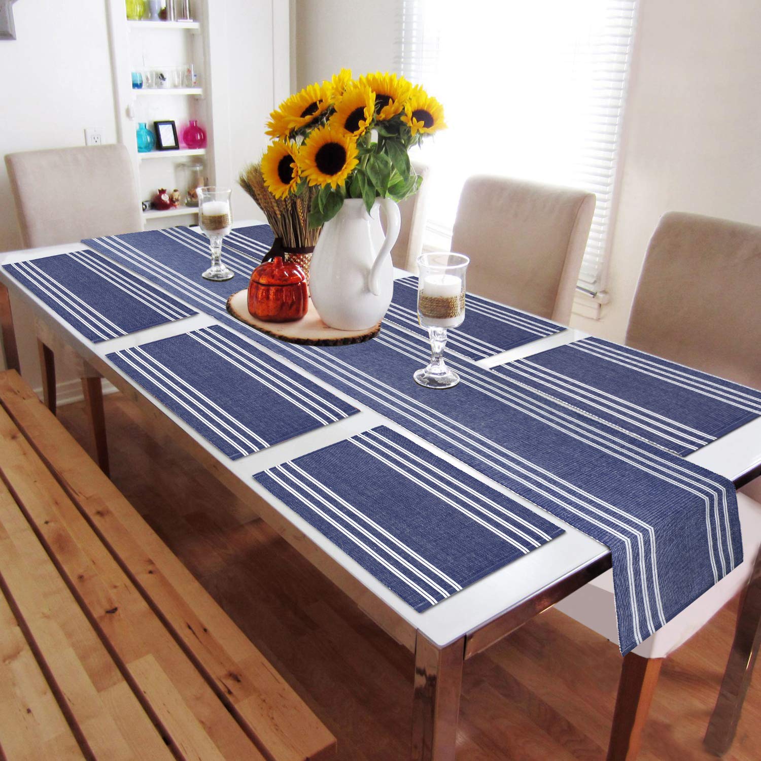 HOKIPO Cotton Ribbed Washable Table Runner With 6 Dining Table Mats, Blue (In70-273-Bl), 12x72 Inch (B08W8W1L24) Amazon Price History, Amazon Price Tracker