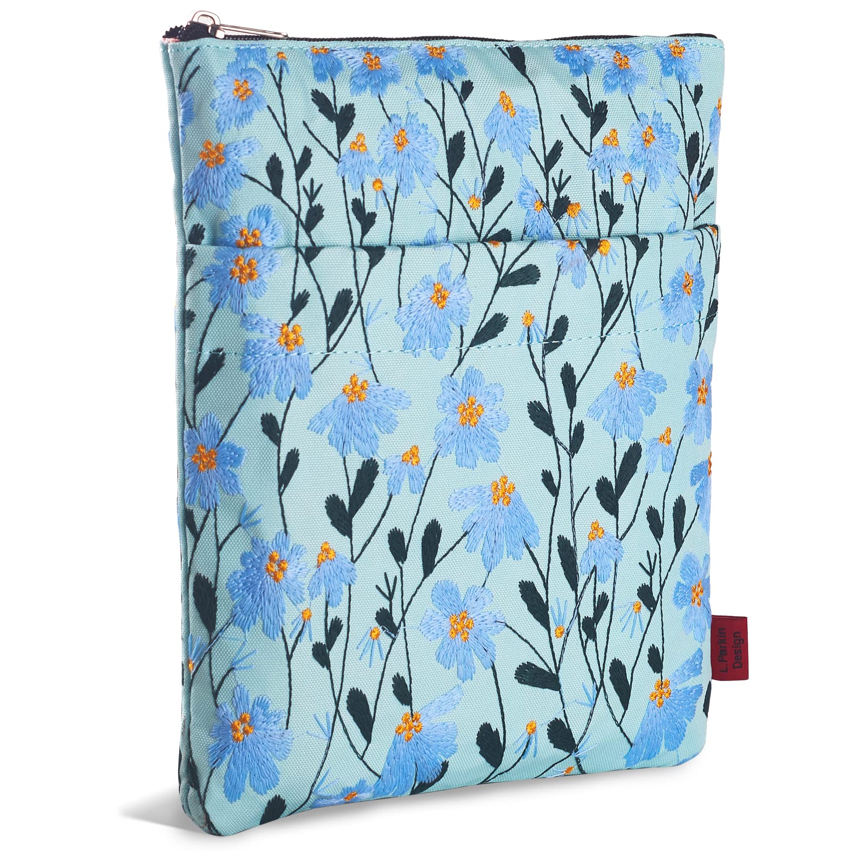 LParkin Funda de libro con bordado de flores de margaritas con cremallera para lectores, funda protectora de regalo para los amantes de los libros, tela lavable de 11 x 8.5 pulgadas, color azul
