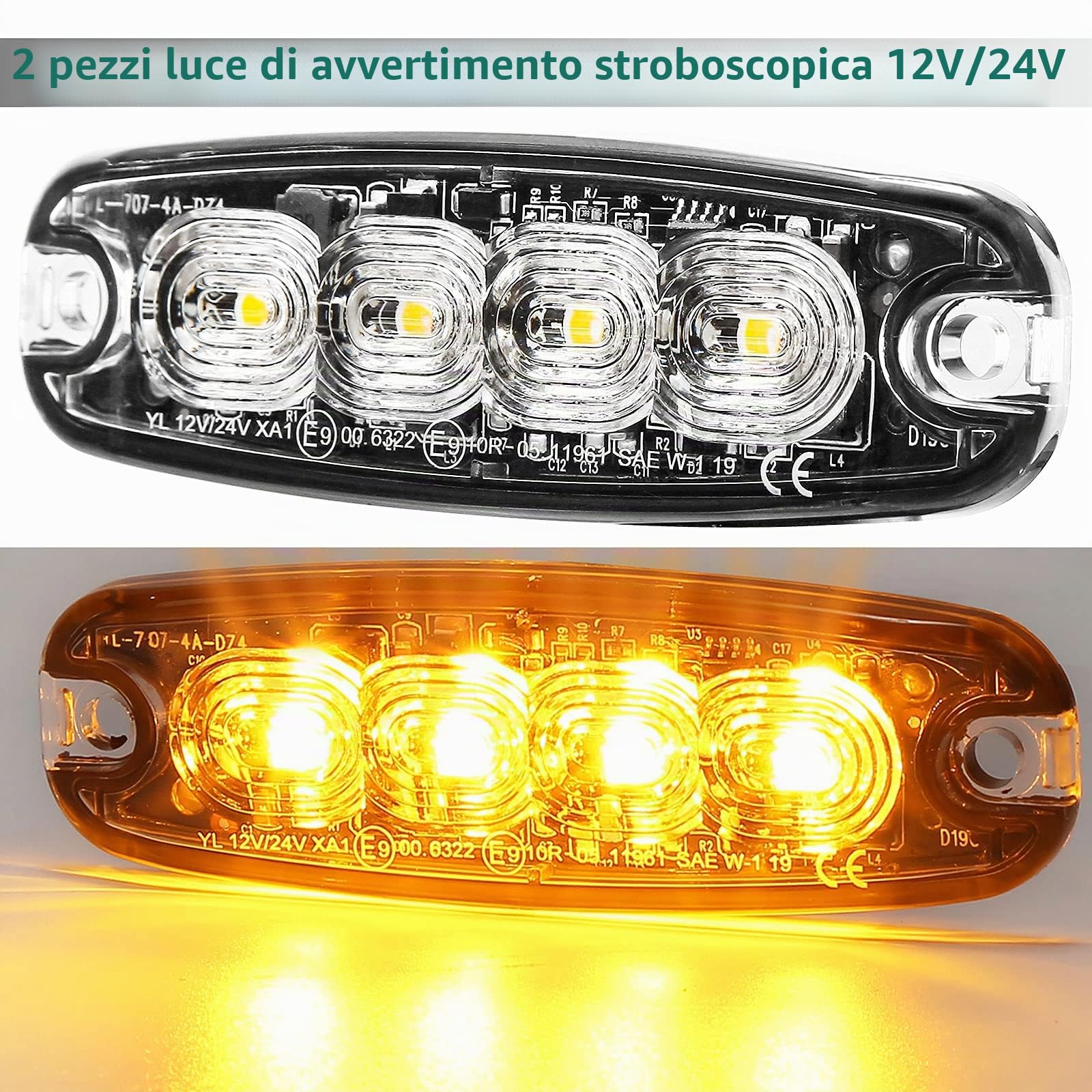 2pz Led Ambra Pericolo Lampeggiante Luce Stroboscopica Emergenza Barra Luminosa per Auto,Ultra Sottile Lampeggiante Attenzione Strob 4LEDS 15w 12v24v per Veicolo Fuoristrada Rimorchio Griglia