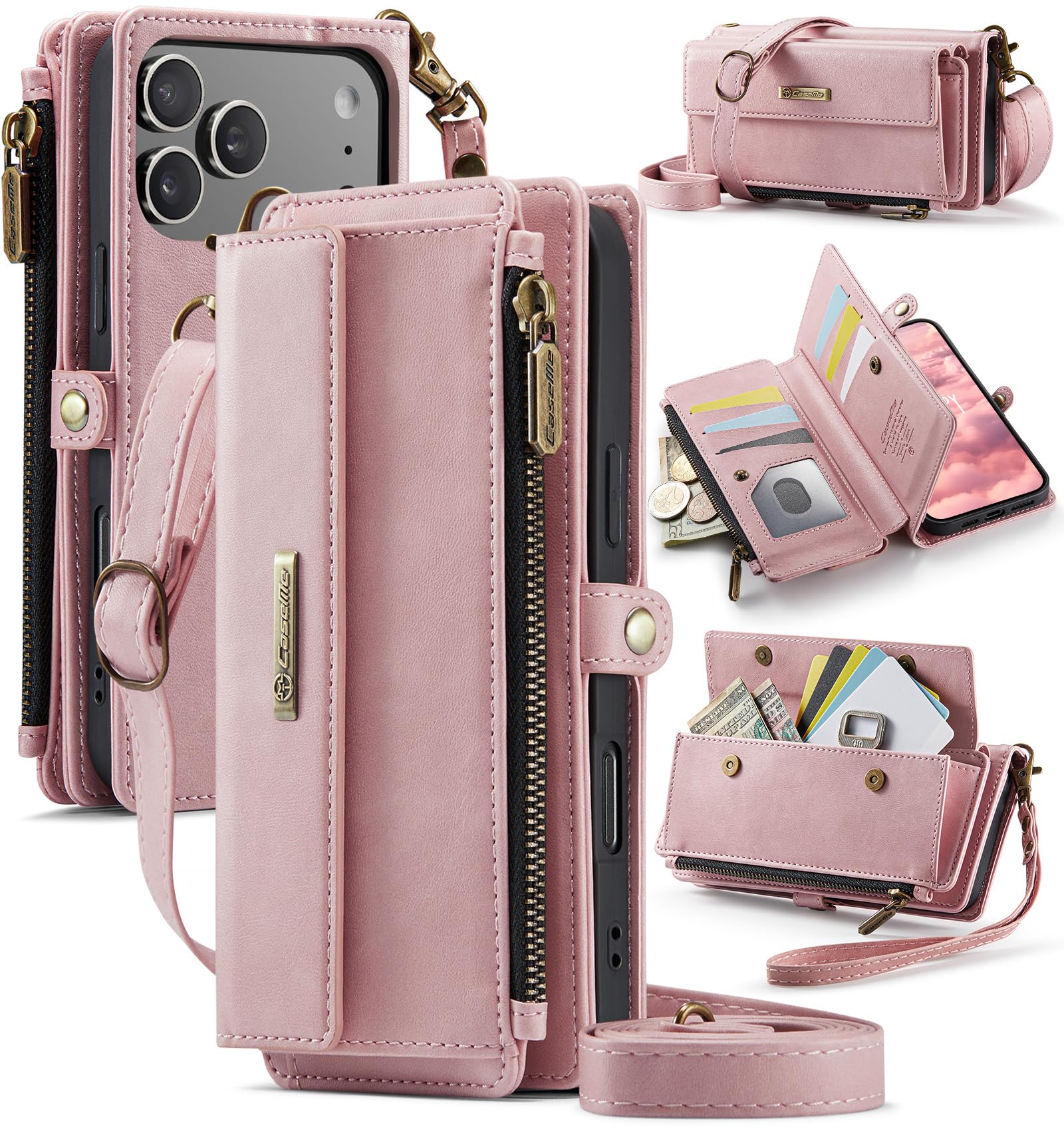 Etui portfelowe na iPhone'a 17 Pro, z 9 przegródkami na karty, blokujące RFID, magnetyczne zamknięcie, kieszeń na rachunki gotówkowe, skóra PU, z paskiem na nadgarstek crossbody, różowe