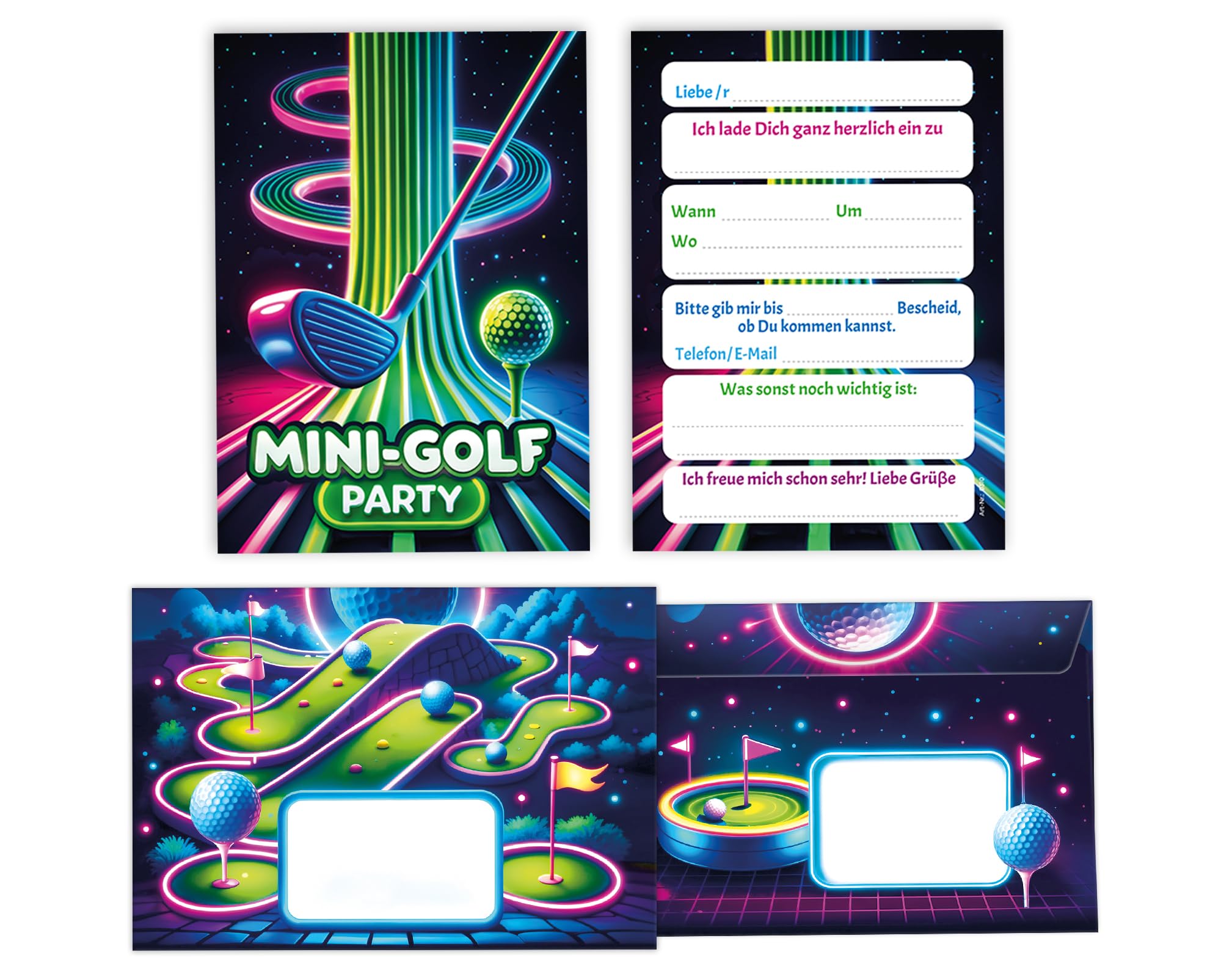 JuNa-Experten 12 Einladungskarten incl. 12 Umschläge zum Kindergeburtstag Mädchen Jungen Mini-Golf Minigolf coole bunte Einladungen Geburtstag Mädchengeburtstag Jungsgeburtstag
