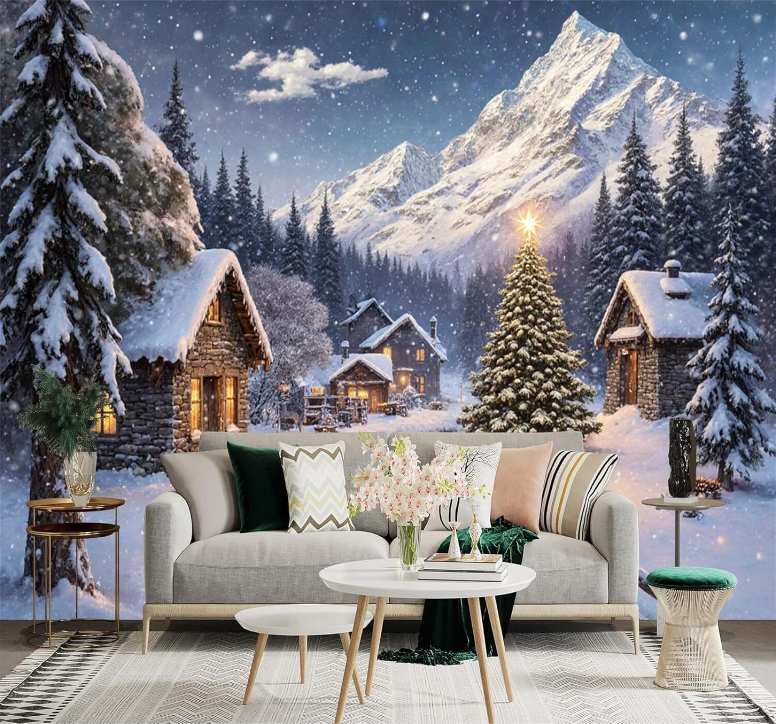 XLMING Snow Capped Mountains Village Pine Trees River Cosy Cottage 3D Wallpaper Silky Texture Home Study Office Grey Dining Room Sofa Bedroom Living Room TV Backdrop-250cm×170cm