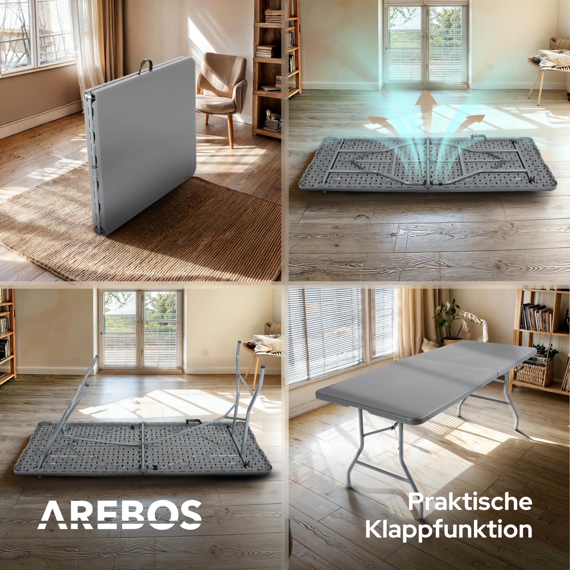 Arebos Klapptisch Anthrazit Gartentisch Klappbar | 182x74 cm Wetterfest Outdoor | Buffettisch 8 Personen Campingtisch | Partytisch mit Tragegriff | Garten Terrasse