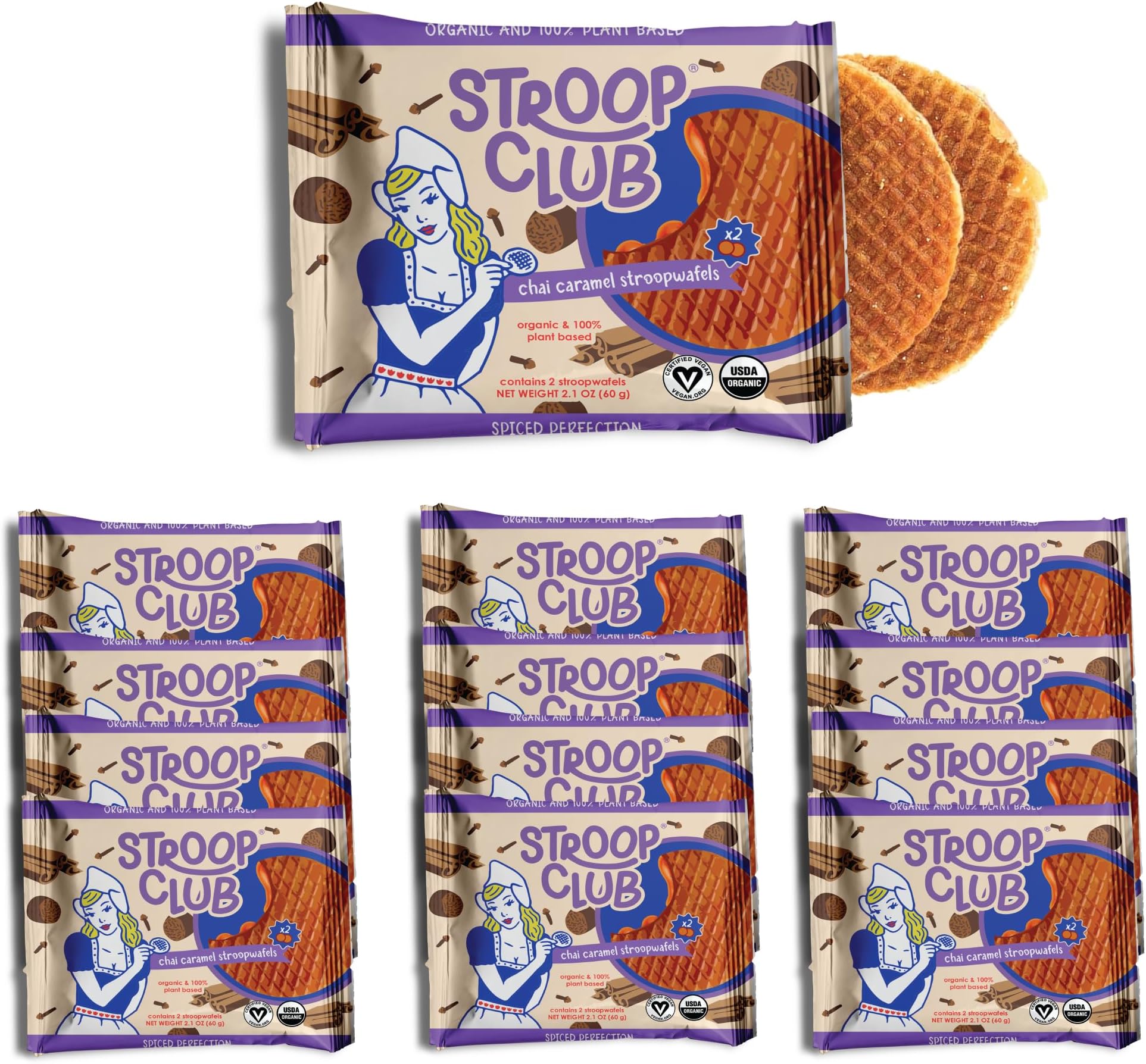 Chai Infused Organic Stroopwafel Caramel Treats | Vegan, Plant-Based and Dutch-Approved Indulgence - 24 Vegan Waffle Cookies (12 Pack of 2)