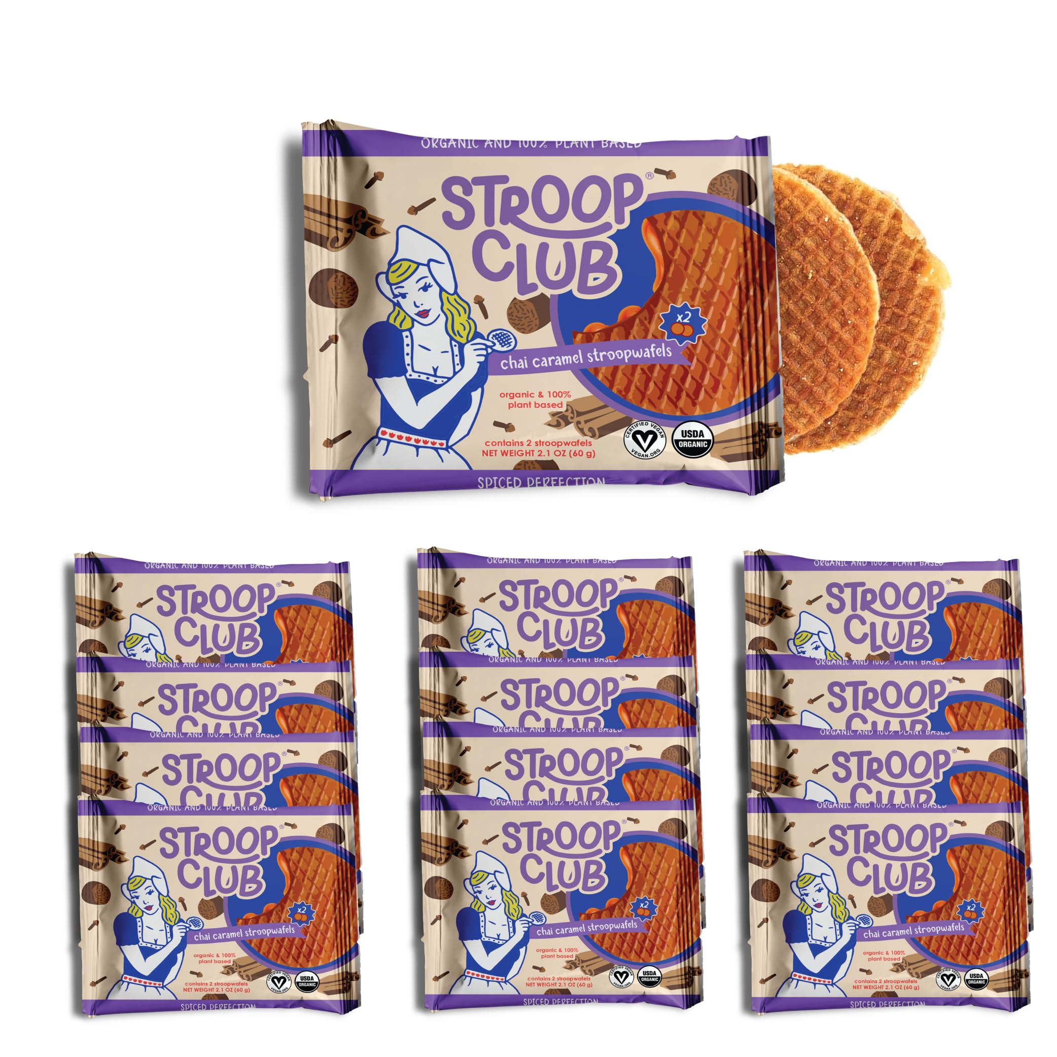 Chai Infused Organic Stroopwafel Caramel Treats | Vegan, Plant-Based and Dutch-Approved Indulgence - 24 Vegan Waffle Cookies (12 Pack of 2)