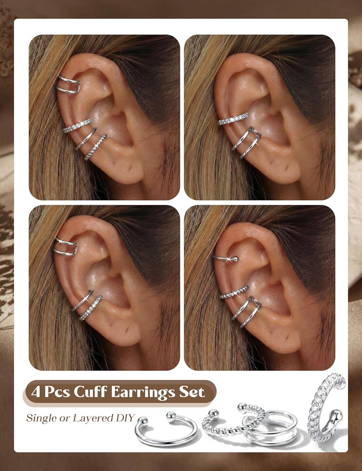 LOLIAS 925 Sterling Silver Ear Cuffs Non Piercing - 14K Gold Plated Ear Cuff Earrings for Women Adjustable Clip on Cartialge Earrings Non Pierced Fake Earring Stacks