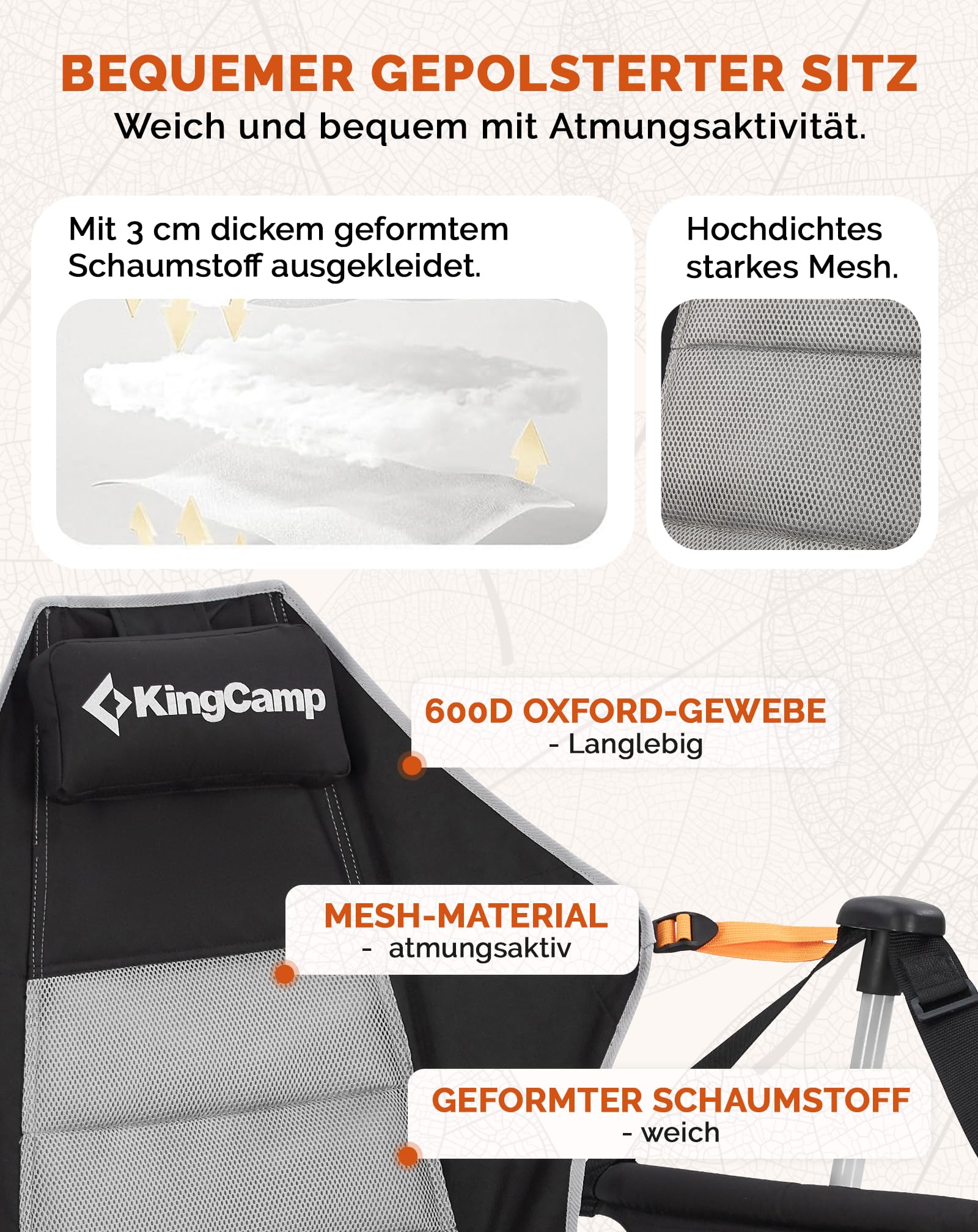 KingCamp Camping Schaukelstuhl mit Fußstütze Campingstuhl Faltbar Schwarz | 90-130° verstellbare Rückenlehne Schaukelfunktion, bis 180kg Kopfstütze Aluminiumgestell Getränkehalter für Camping & Garten