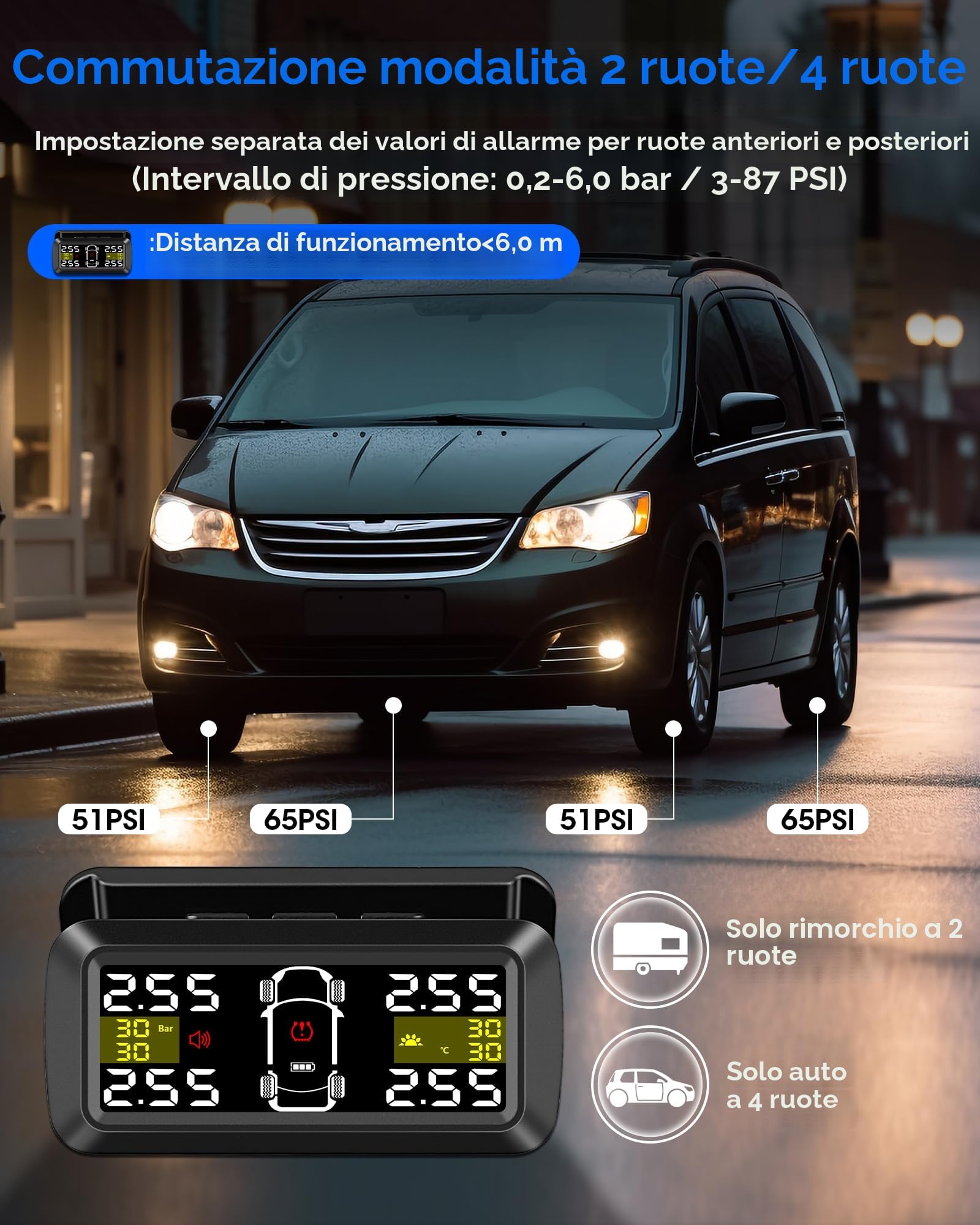 TPMS di Monitoraggio della Pressione dei Pneumatici【2/4 Modalità Ruota】3.5'' 0.01 Bar Alta Precisione TPMS Camper Ricarica Solare Staffa staccabile con 4 Sensori Pressione Pneumatici per Auto 5-87 Psi