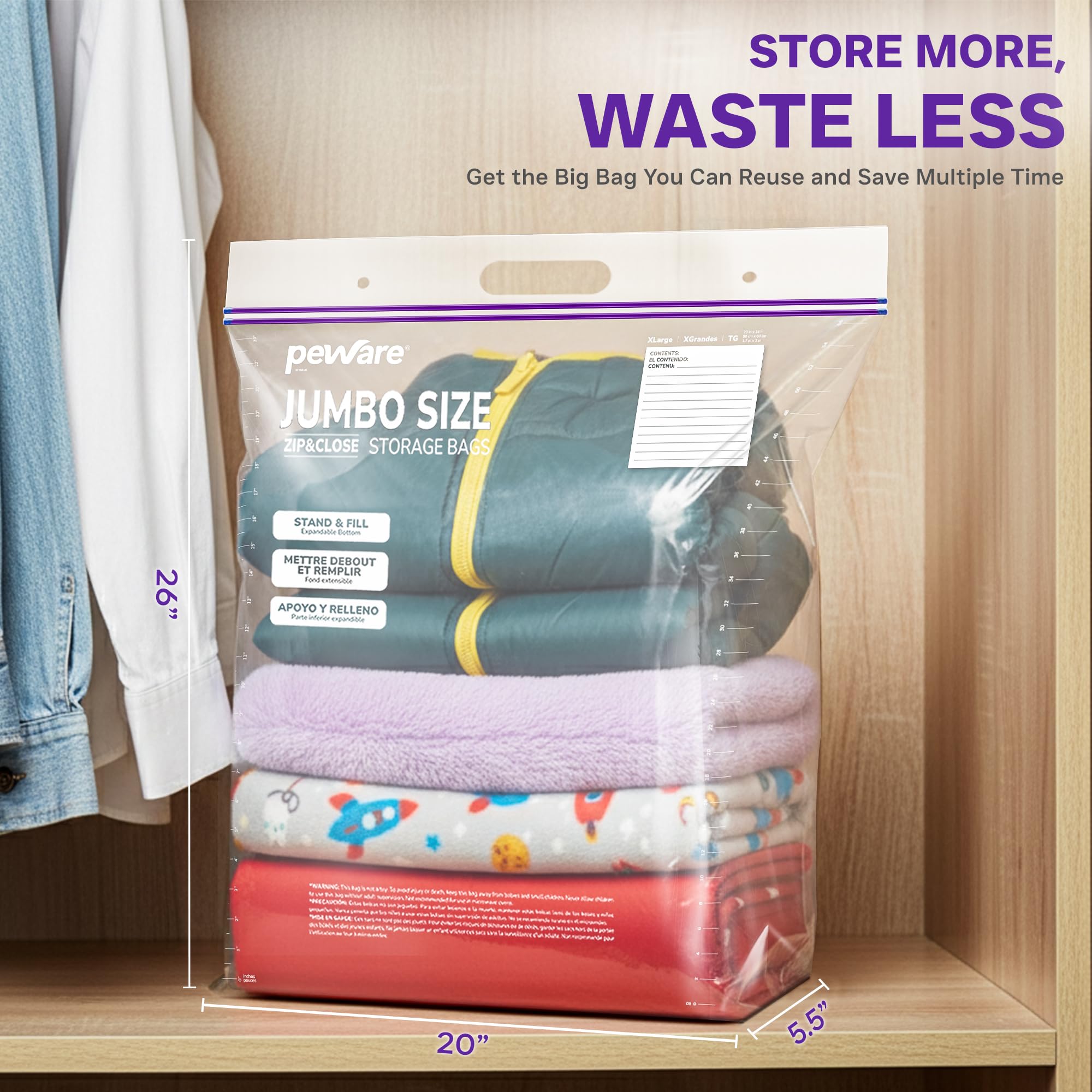 Bolsas de almacenamiento grandes resistentes de 10 galones con asa, 20 x 26 pulgadas, cremallera superior resellable, solución de almacenamiento de gran tamaño para ropa, alimentos, viajes y artículos