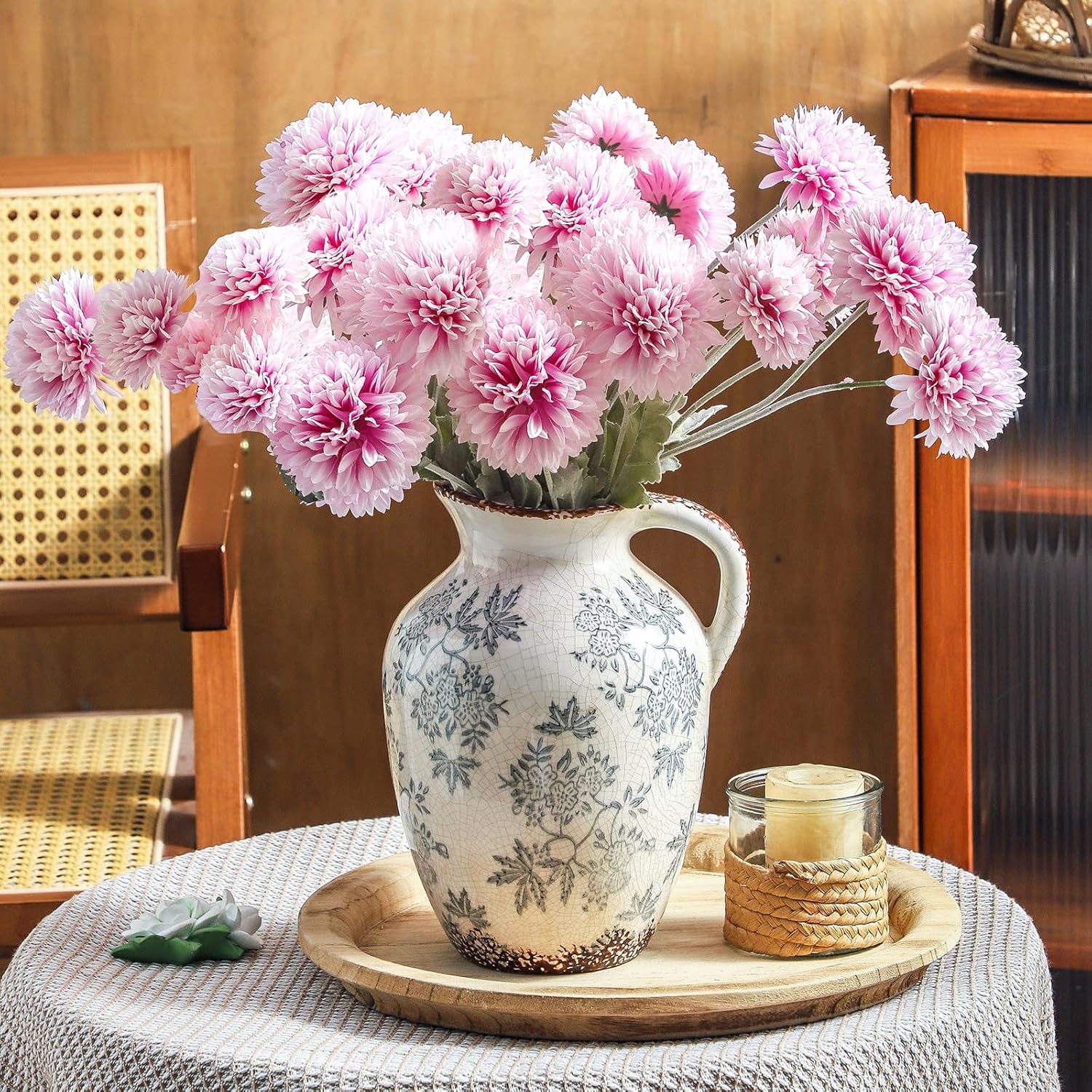 Enra Vintage vase with Handle,Blue and White Ceramic Decorative Flower vase, Chinoiserie Floral Vase,Large Rustic Vases for Home Decors, Living Room, Bookshelf, Office,9.7 inch - Image 5