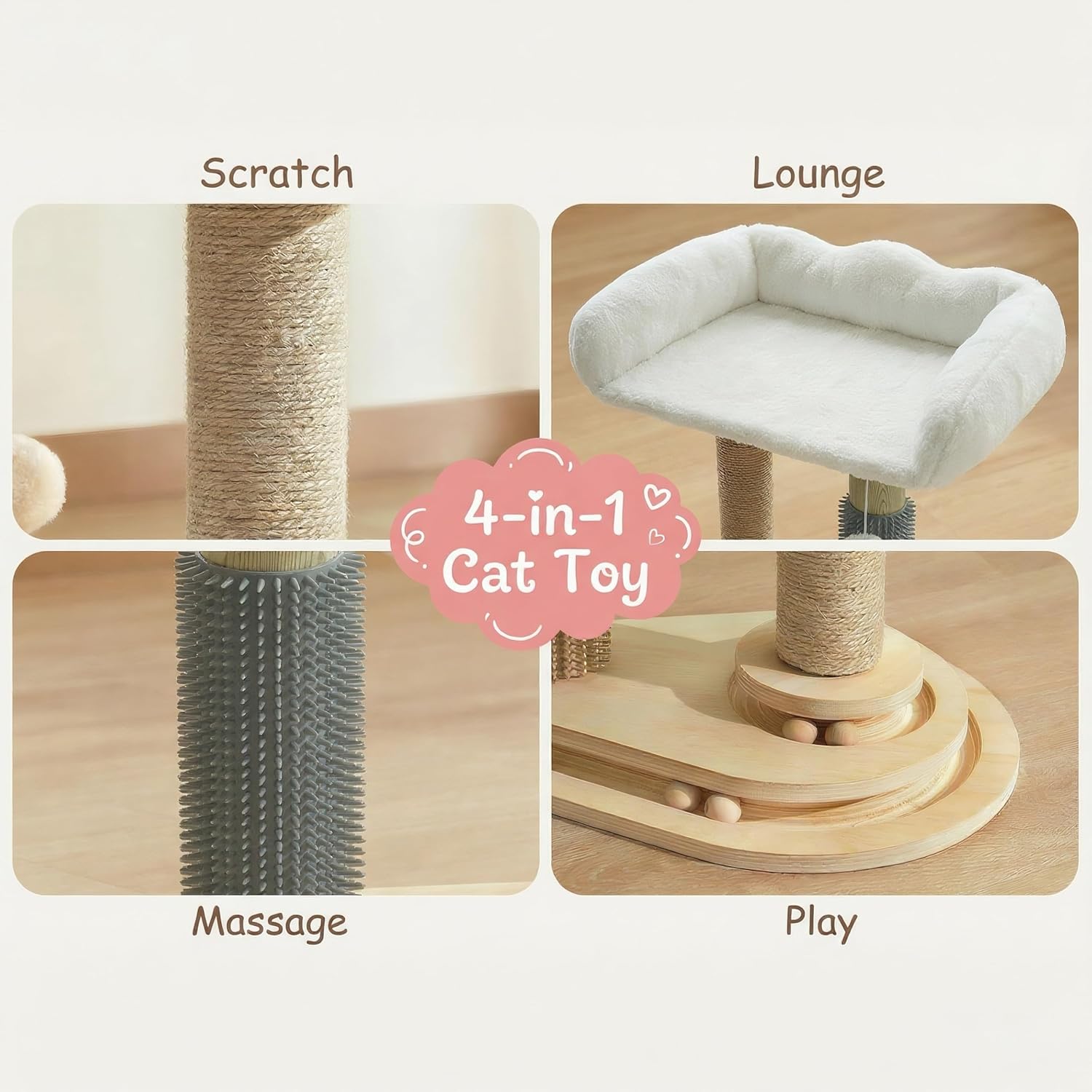 4-in-1 Small Cat Tower with Bed for Kittens, Cat Tree with Cat Self Groomer Brush, Track Balls, Natural Sisal Cat Tower with Interactive Toy, Scratching Post for Indoor Cats